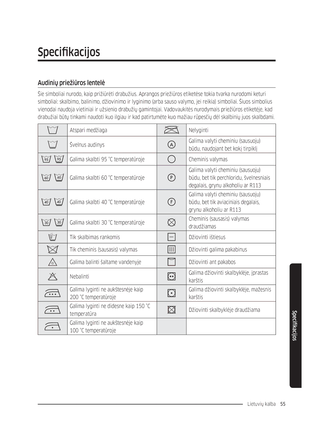 Samsung WW70K5210UW/LE, WW80K5410UW/EO, WW80K5410UW/LV, WW80K5210UW/LE manual Specifikacijos, Audinių priežiūros lentelė 