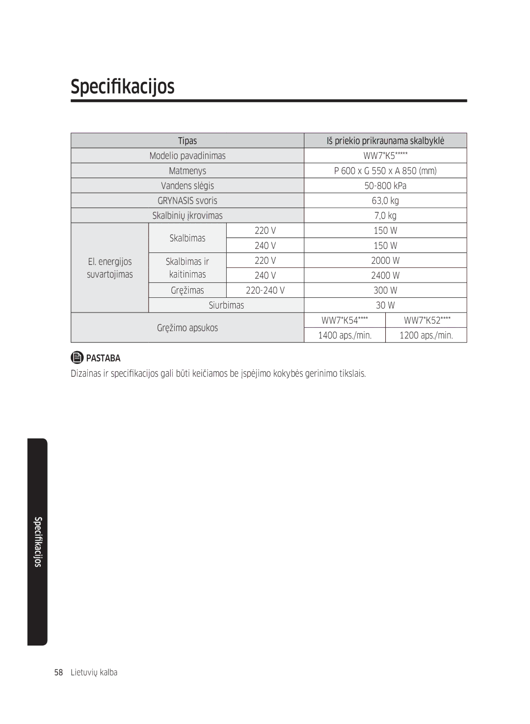 Samsung WW80K5410UW/EU, WW80K5410UW/EO, WW80K5410UW/LV manual Gręžimo apsukos WW7*K54 WW7*K52 1400 aps./min 1200 aps./min 