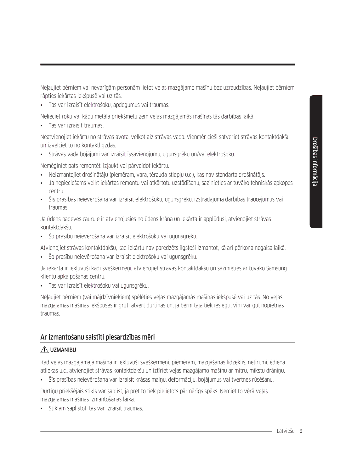 Samsung WW90K5410WW/LE, WW80K5410UW/EO, WW80K5410UW/LV, WW80K5210UW/LE manual Ar izmantošanu saistīti piesardzības mēri 