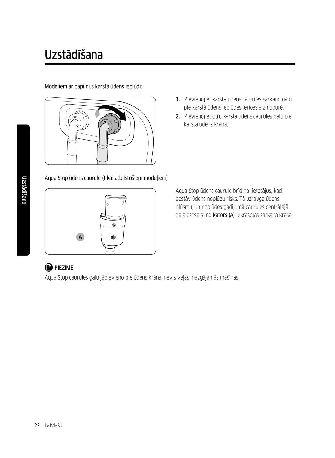 Samsung WW70K5210WW/LE, WW80K5410UW/EO, WW80K5410UW/LV, WW80K5210UW/LE manual Modeļiem ar papildus karstā ūdens ieplūdi 