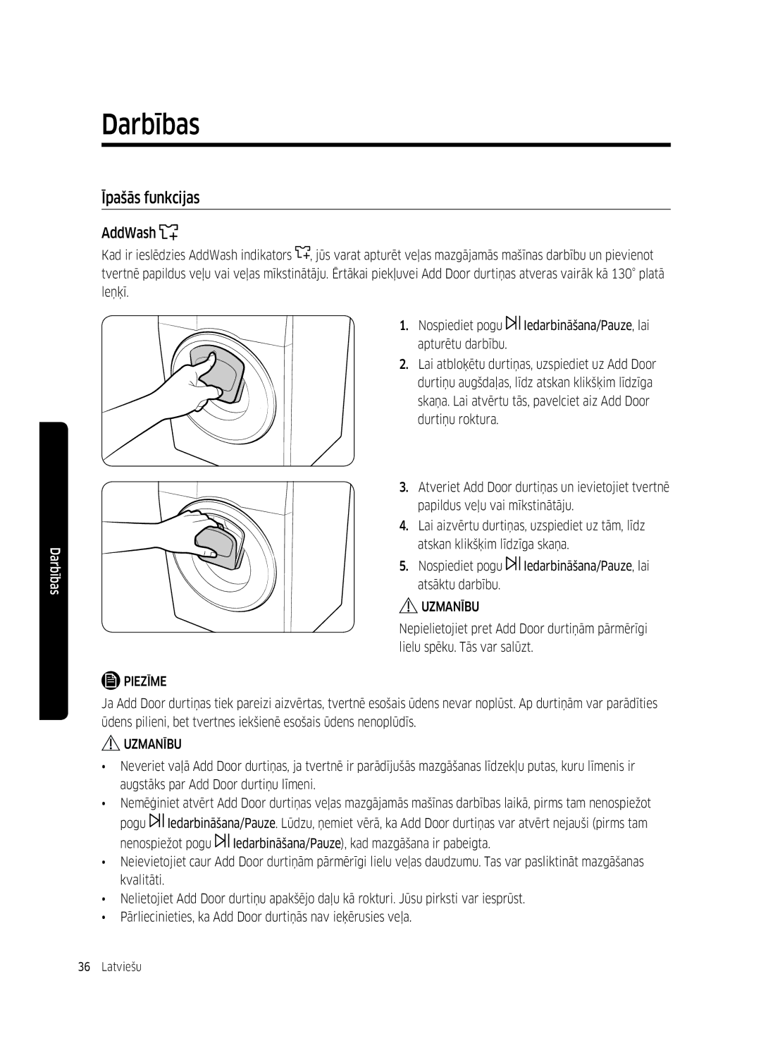 Samsung WW80K5410UW/LE, WW80K5410UW/EO, WW80K5410UW/LV, WW80K5210UW/LE, WW90K5410WW/LE manual Īpašās funkcijas, AddWash 