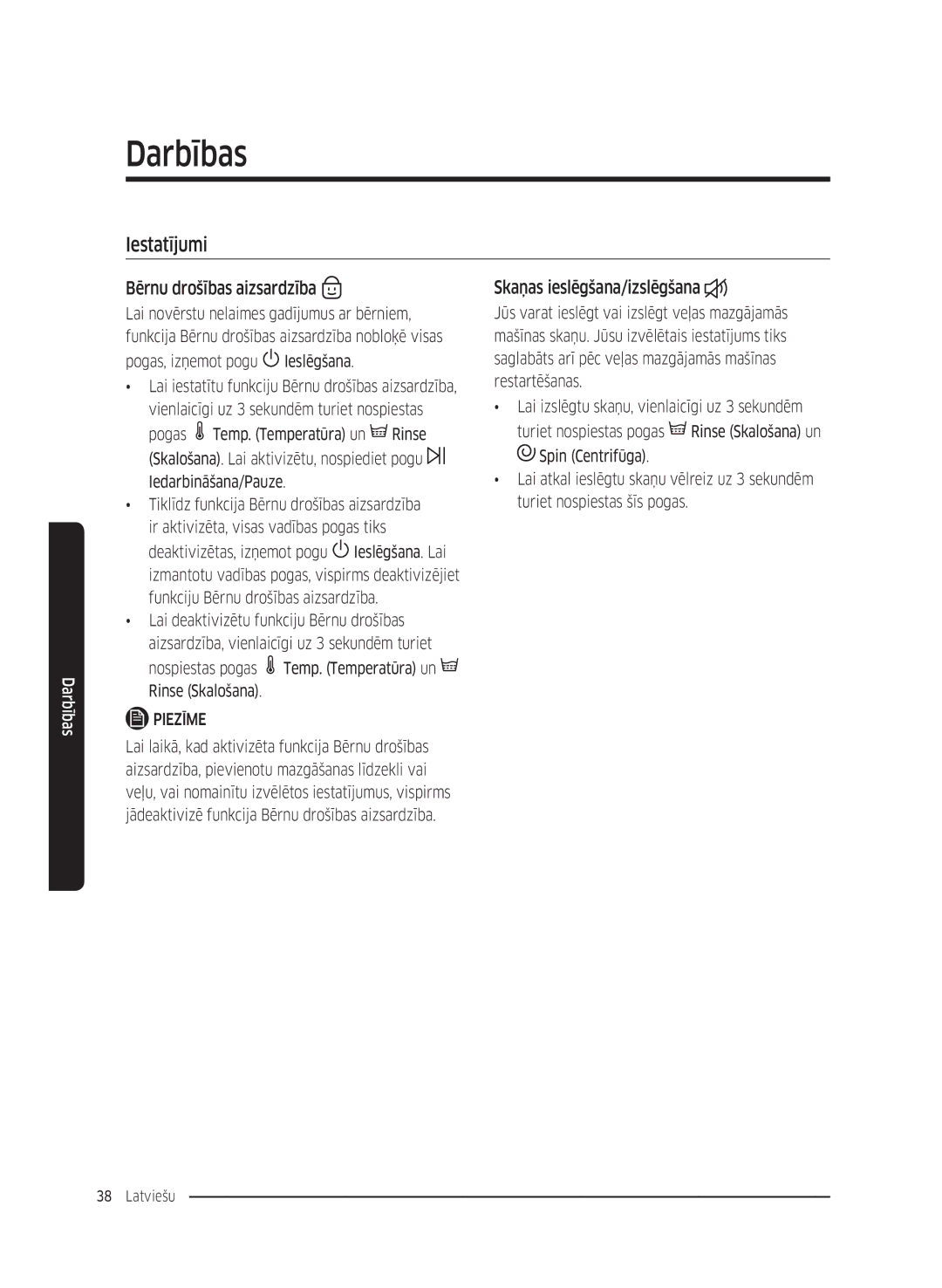 Samsung WW80K5410UW/EU, WW80K5410UW/EO manual Iestatījumi, Bērnu drošības aizsardzība, Skaņas ieslēgšana/izslēgšana 