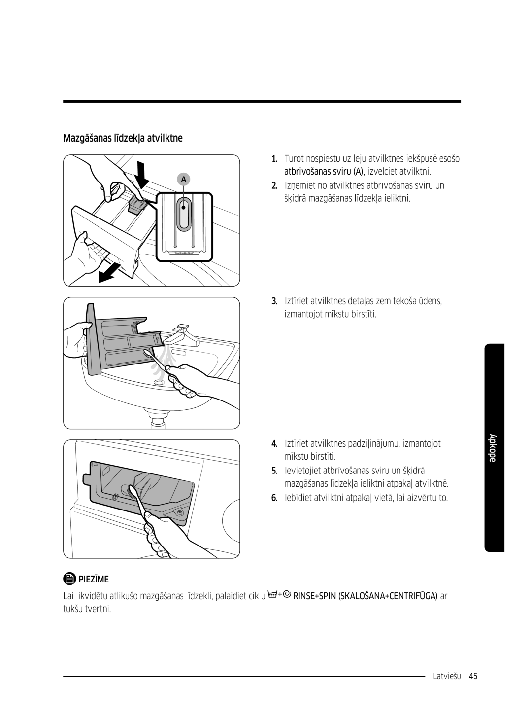 Samsung WW70K5210UX/LE, WW80K5410UW/EO, WW80K5410UW/LV, WW80K5210UW/LE, WW90K5410WW/LE manual Mazgāšanas līdzekļa atvilktne 