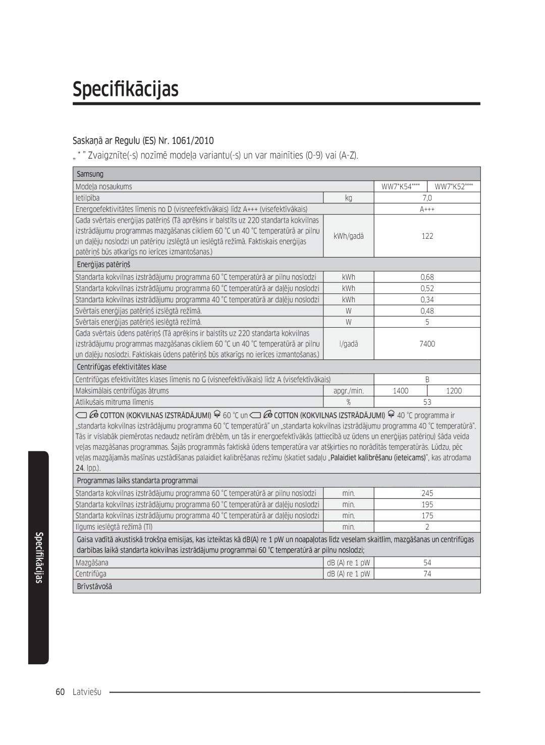 Samsung WW80K5410UW/EU, WW80K5410UW/EO, WW80K5410UW/LV, WW80K5210UW/LE, WW90K5410WW/LE, WW70K5410UW/LE, WW70K5210WW/LE Min 245 