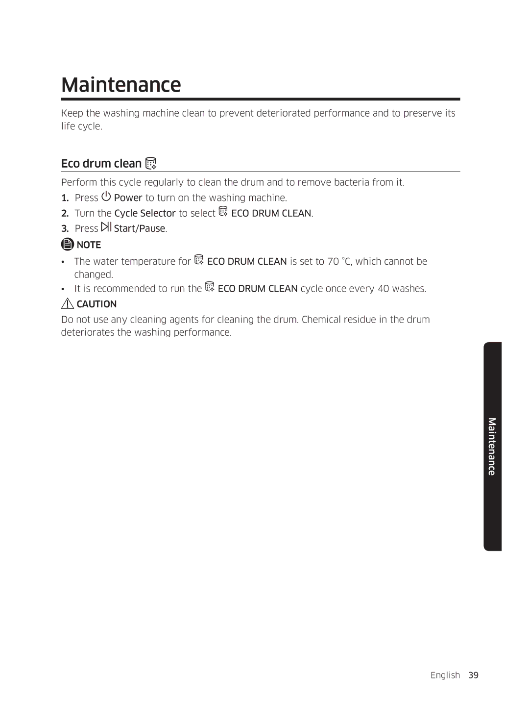 Samsung WW70K5210UX/LE, WW80K5410UW/EO, WW80K5410UW/LV, WW80K5210UW/LE, WW90K5410WW/LE manual Maintenance, Eco drum clean 