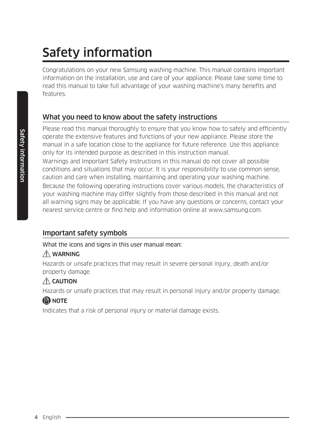 Samsung WW70K5410UW/LE, WW80K5410UW/EO, WW80K5410UW/LV, WW80K5210UW/LE, WW90K5410WW/LE, WW70K5210WW/LE manual Safety information 