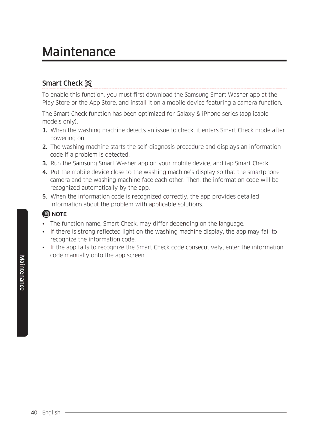 Samsung WW70K5210UW/LE, WW80K5410UW/EO, WW80K5410UW/LV, WW80K5210UW/LE, WW90K5410WW/LE, WW70K5410UW/LE manual Smart Check 