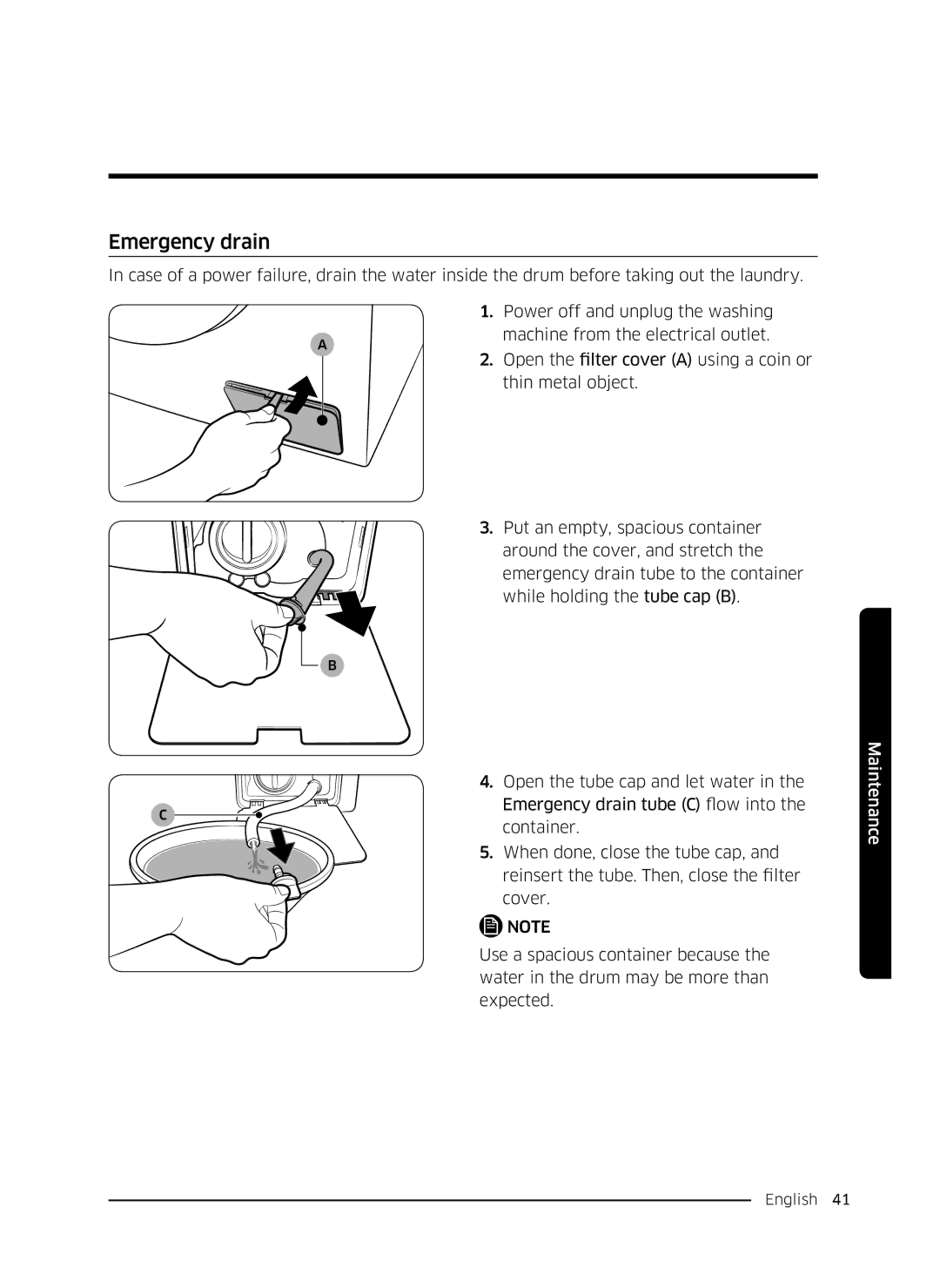 Samsung WW80K5410UW/LE, WW80K5410UW/EO, WW80K5410UW/LV, WW80K5210UW/LE, WW90K5410WW/LE, WW70K5410UW/LE manual Emergency drain 