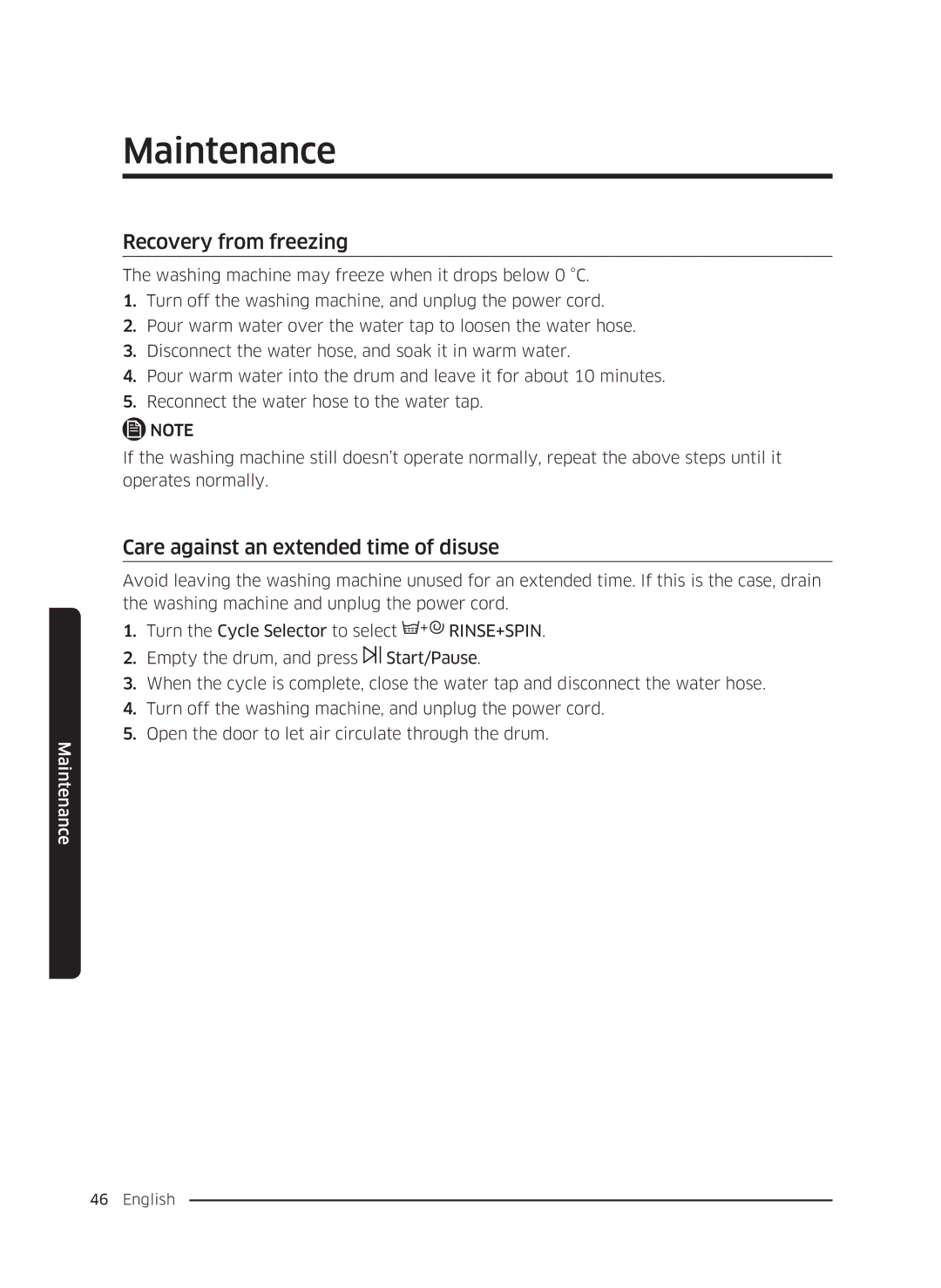 Samsung WW80K5210UW/LE, WW80K5410UW/EO, WW80K5410UW/LV manual Recovery from freezing, Care against an extended time of disuse 