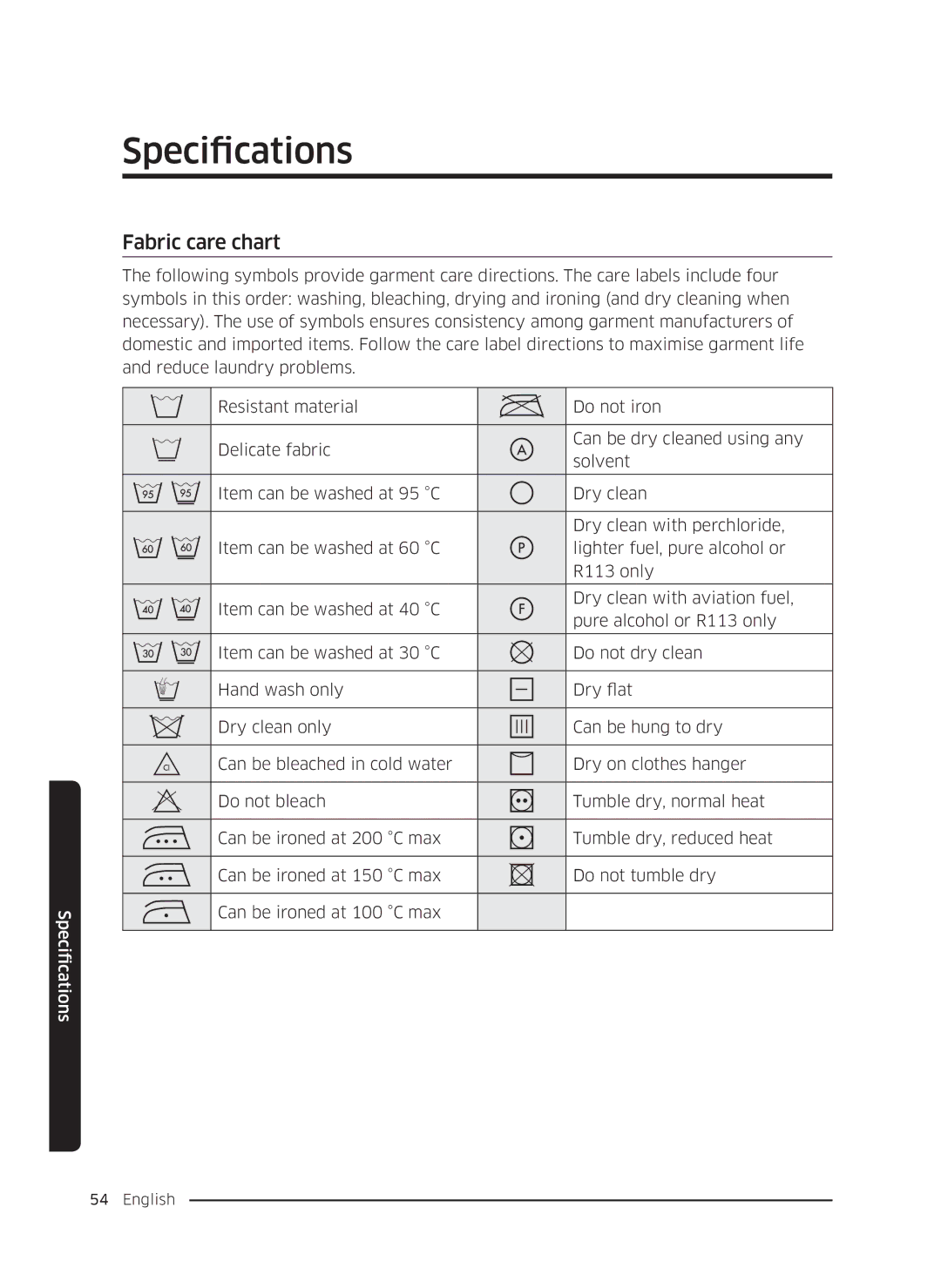 Samsung WW80K5410UW/EU, WW80K5410UW/EO, WW80K5410UW/LV, WW80K5210UW/LE, WW90K5410WW/LE manual Specifications, Fabric care chart 