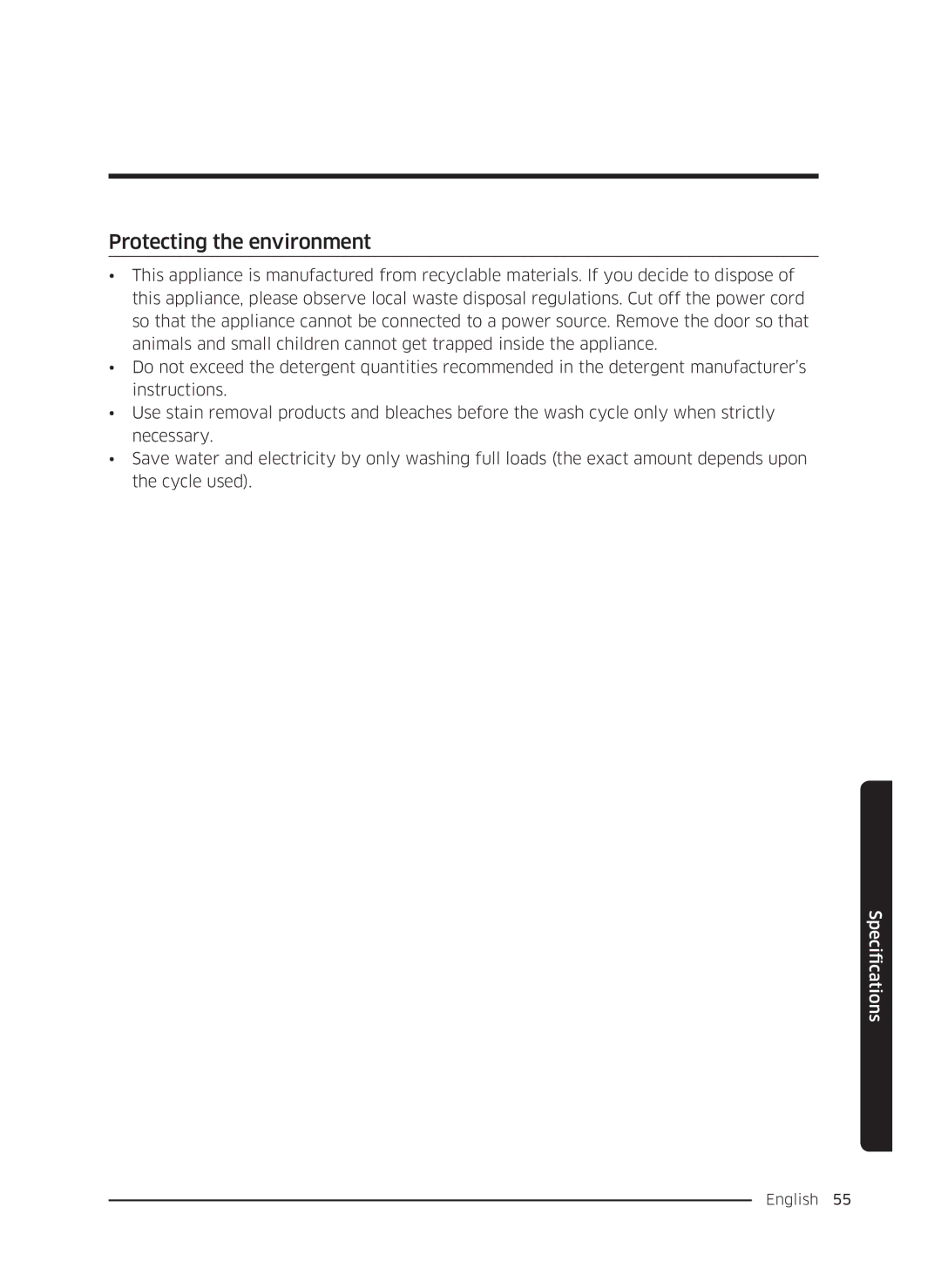 Samsung WW80K5410UW/EO, WW80K5410UW/LV, WW80K5210UW/LE, WW90K5410WW/LE, WW70K5410UW/LE manual Protecting the environment 