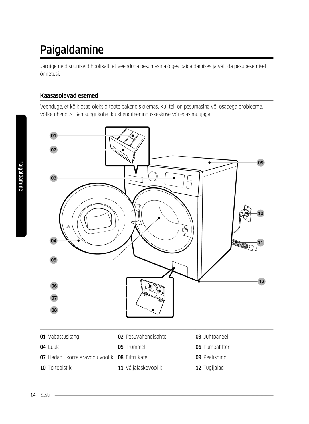 Samsung WW80K5410UW/LV, WW80K5410UW/EO, WW80K5210UW/LE, WW90K5410WW/LE, WW70K5410UW/LE manual Paigaldamine, Kaasasolevad esemed 