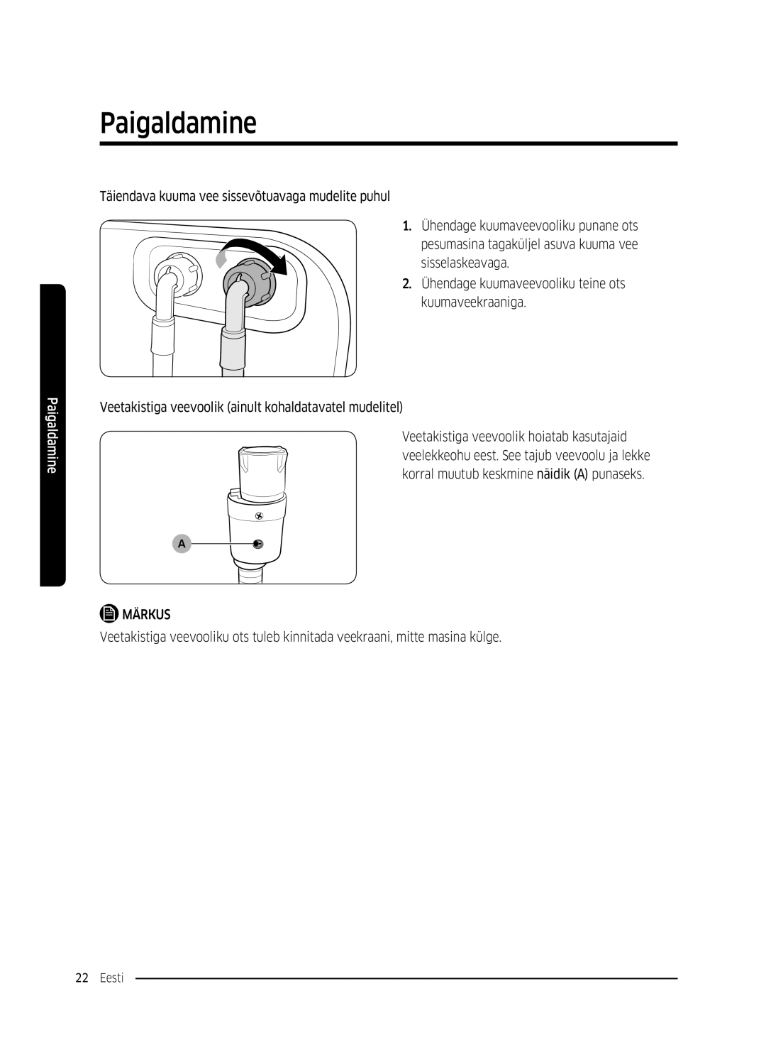 Samsung WW8SK5410UW/KJ, WW80K5410UW/EO, WW80K5410UW/LV manual Veetakistiga veevoolik ainult kohaldatavatel mudelitel 