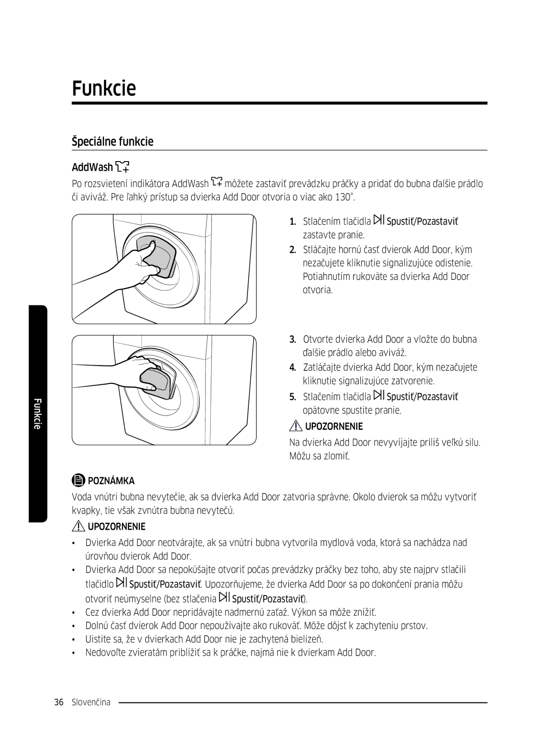 Samsung WW80K5410UW/LV, WW80K5410UW/EO, WW80K5210UW/LE, WW90K5410WW/LE, WW70K5410UW/LE manual Špeciálne funkcie, AddWash 