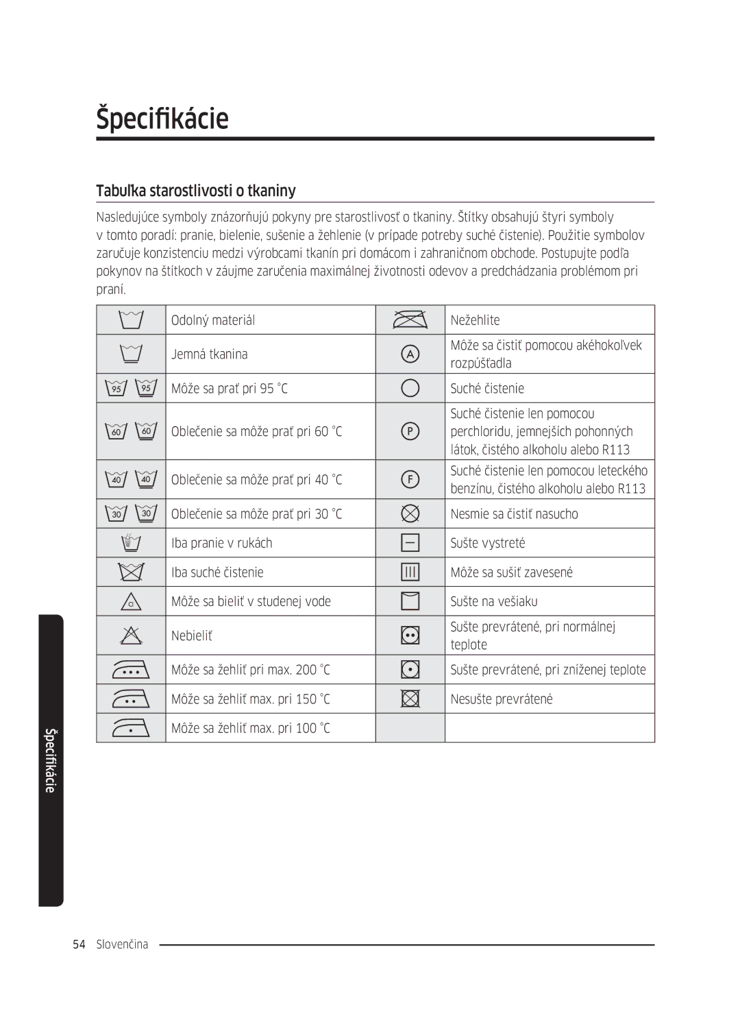 Samsung WW80K5410UW/LV, WW80K5410UW/EO, WW80K5210UW/LE manual Špecifikácie, Tabuľka starostlivosti o tkaniny, Rozpúšťadla 