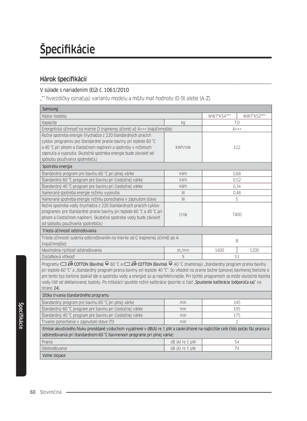 Samsung WW70K5210UW/LE, WW80K5410UW/EO, WW80K5410UW/LV, WW80K5210UW/LE, WW90K5410WW/LE, WW70K5410UW/LE manual Hárok špecifikácií 