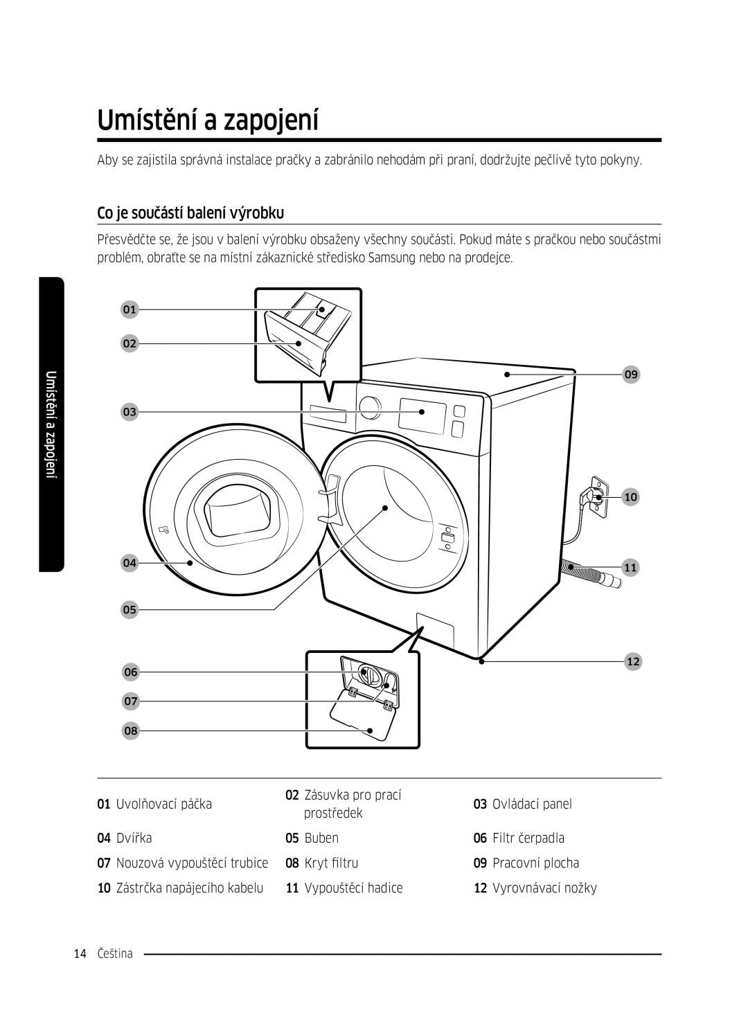 Samsung WW70K5210WW/LE, WW80K5410UW/EO, WW80K5410UW/LV, WW80K5210UW/LE Umístění a zapojení, Co je součástí balení výrobku 