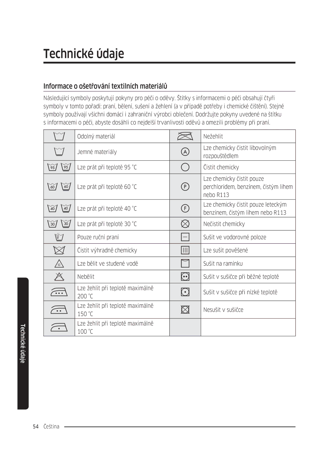 Samsung WW80K5410UW/EO, WW80K5410UW/LV manual Technické údaje, Informace o ošetřování textilních materiálů, Nebo R113 