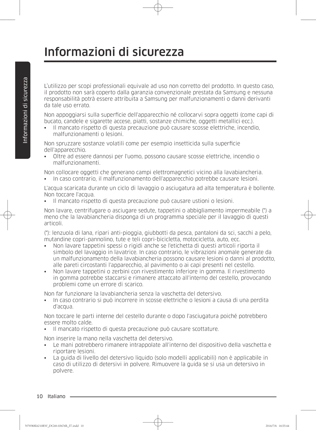 Samsung WW80K6210RW/ET manual Informazioni di sicurezza 