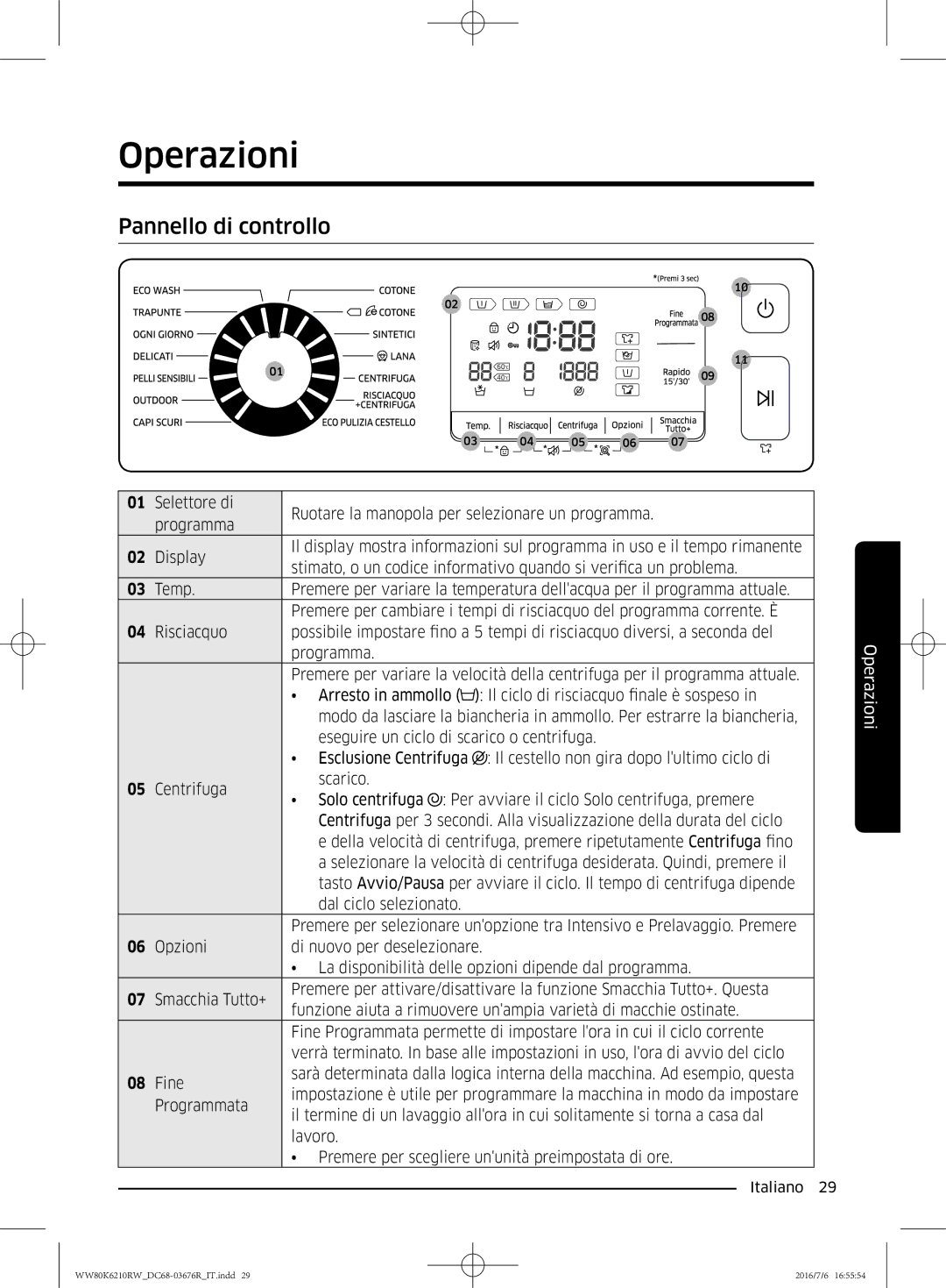 Samsung WW80K6210RW/ET manual Operazioni, Pannello di controllo 