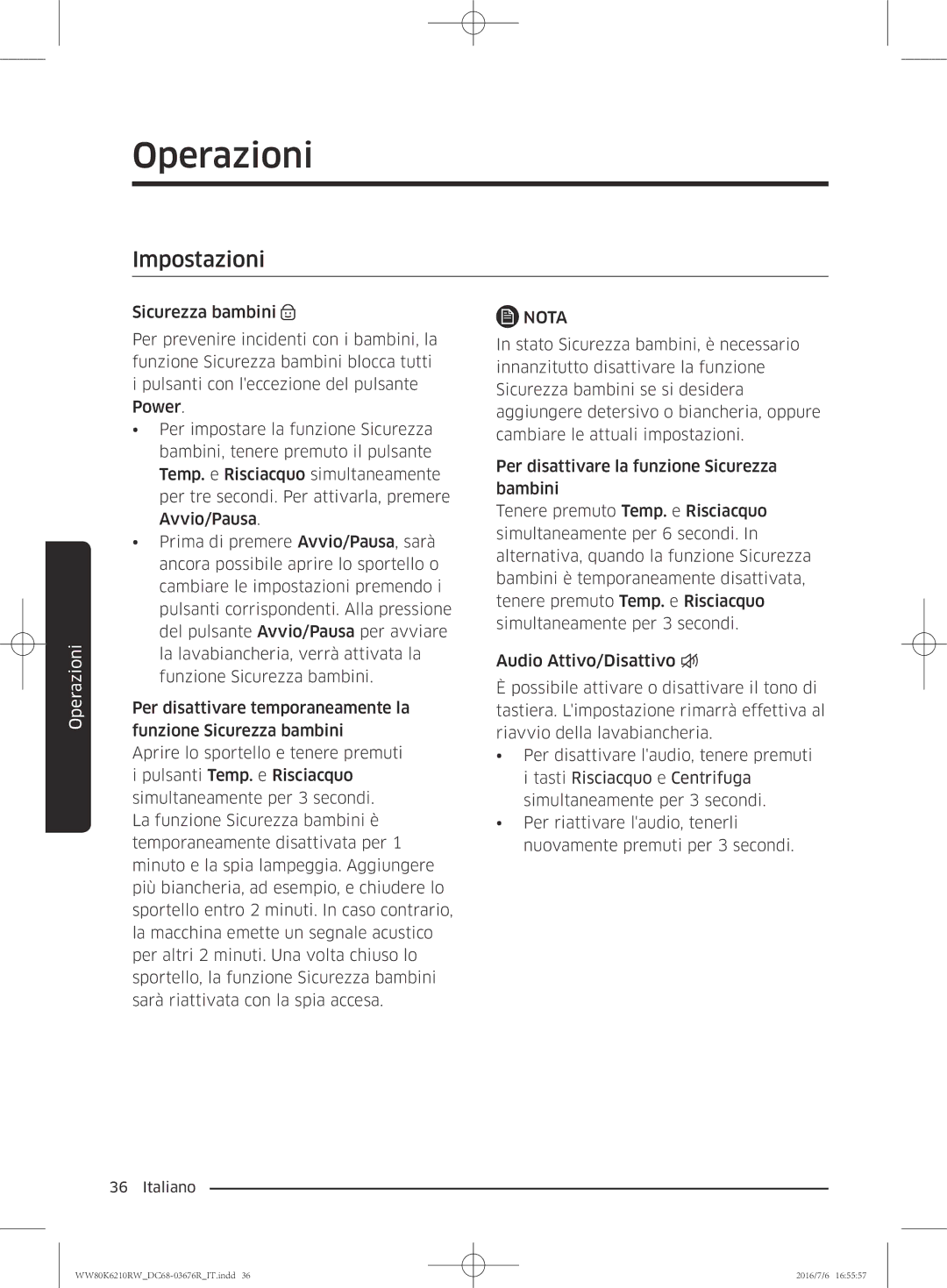 Samsung WW80K6210RW/ET manual Impostazioni 