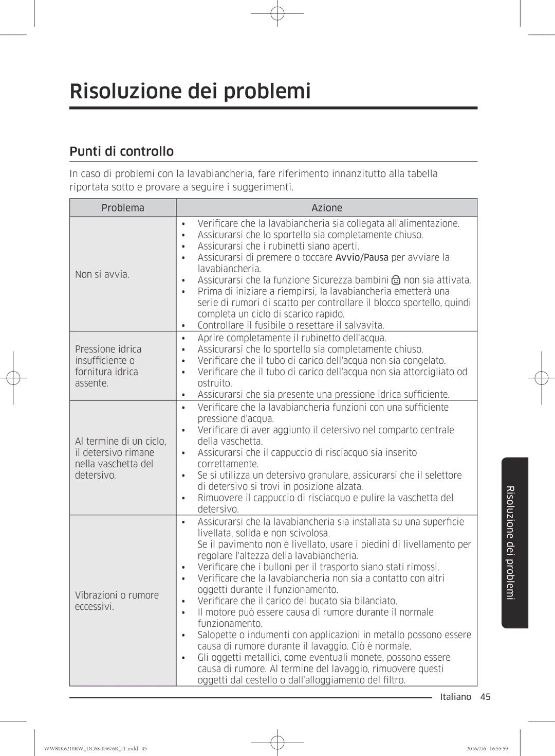 Samsung WW80K6210RW/ET manual Risoluzione dei problemi, Punti di controllo 