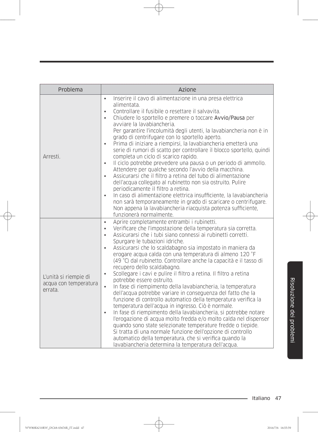 Samsung WW80K6210RW/ET manual Risoluzione dei problemi 