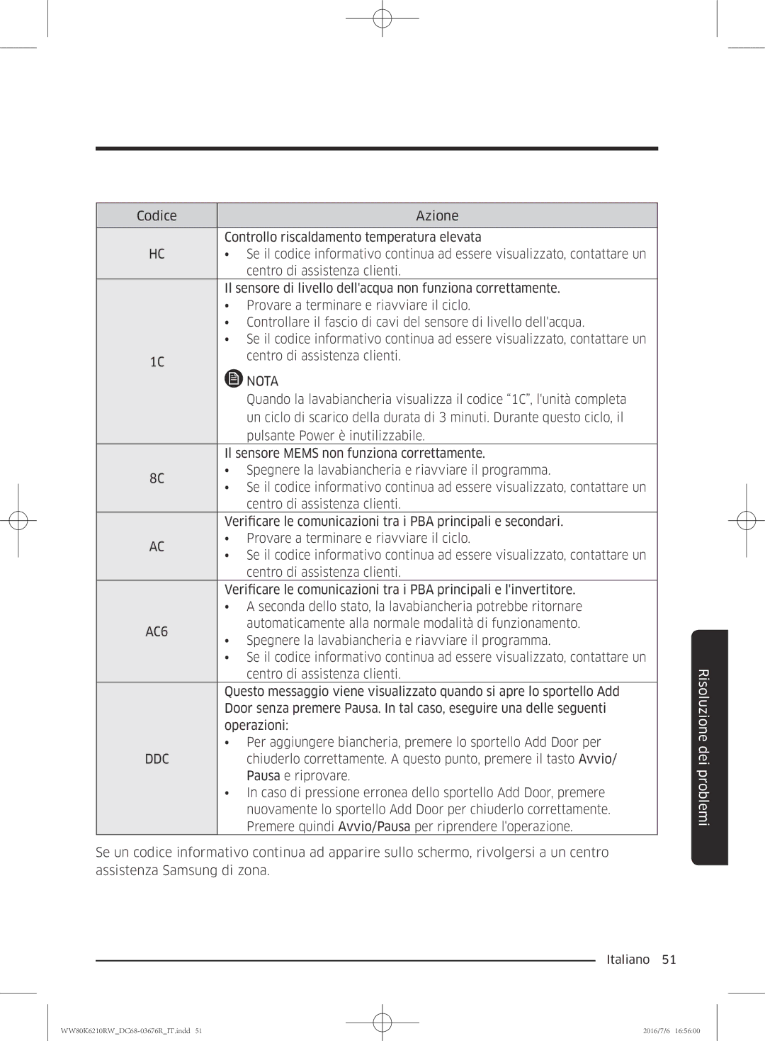 Samsung WW80K6210RW/ET manual Il sensore Mems non funziona correttamente 