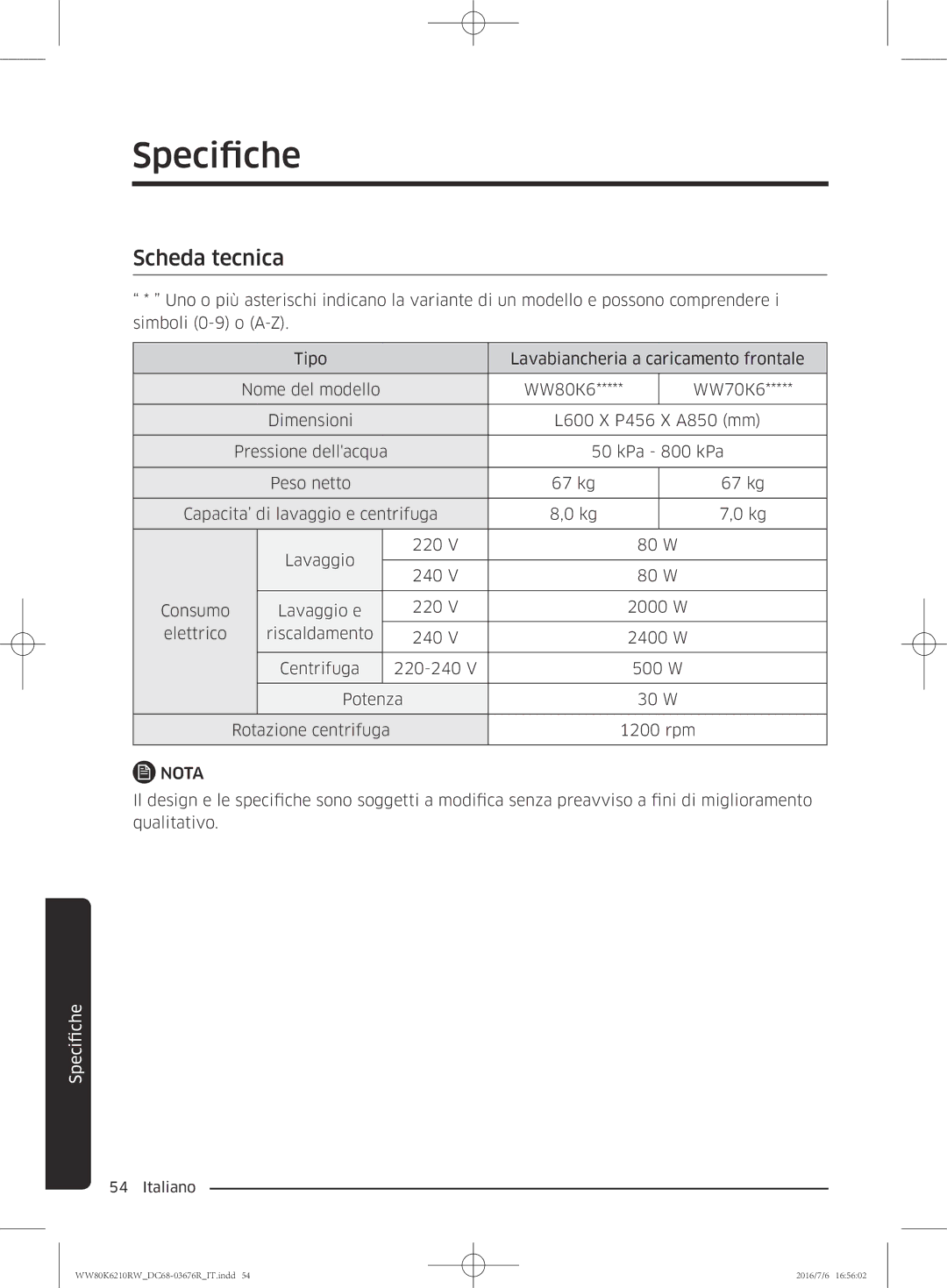 Samsung WW80K6210RW/ET manual Scheda tecnica 