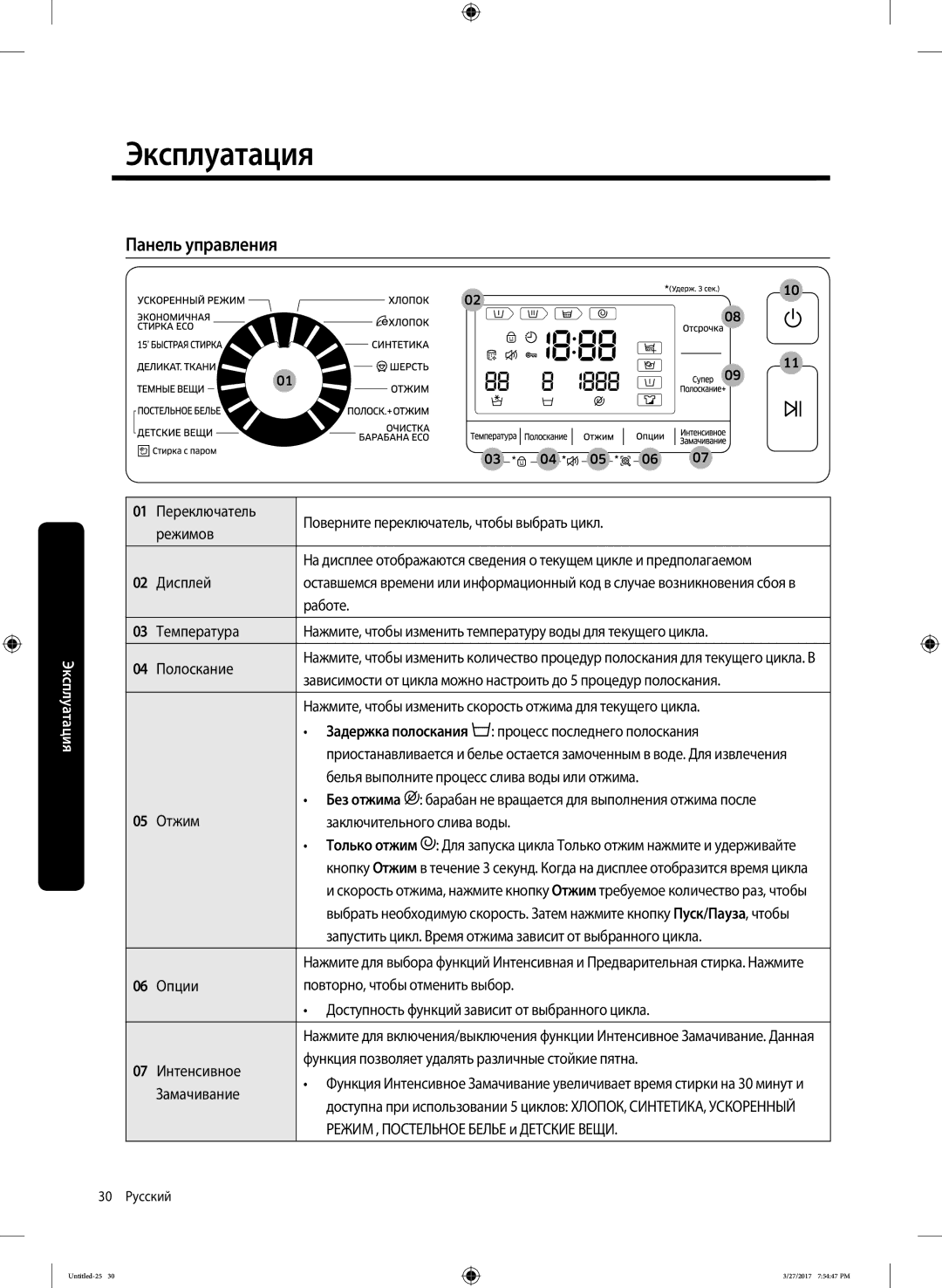 Samsung WW80K62E07WDLP, WW80K62E07SDLP, WW80K62E01WDLP manual Эксплуатация, Панель управления 