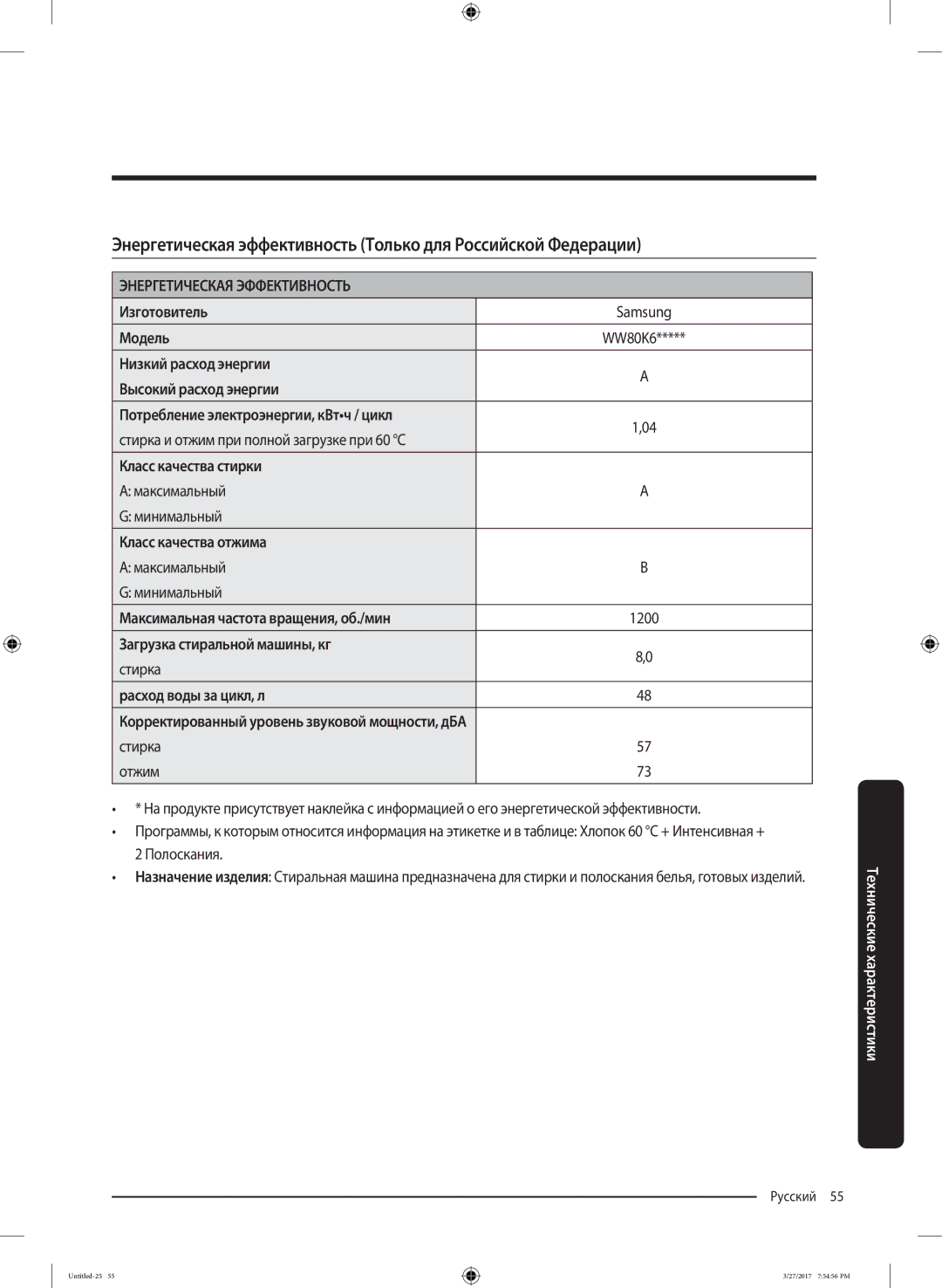 Samsung WW80K62E07SDLP, WW80K62E07WDLP, WW80K62E01WDLP manual Изготовитель Samsung Модель, Стирка Отжим 