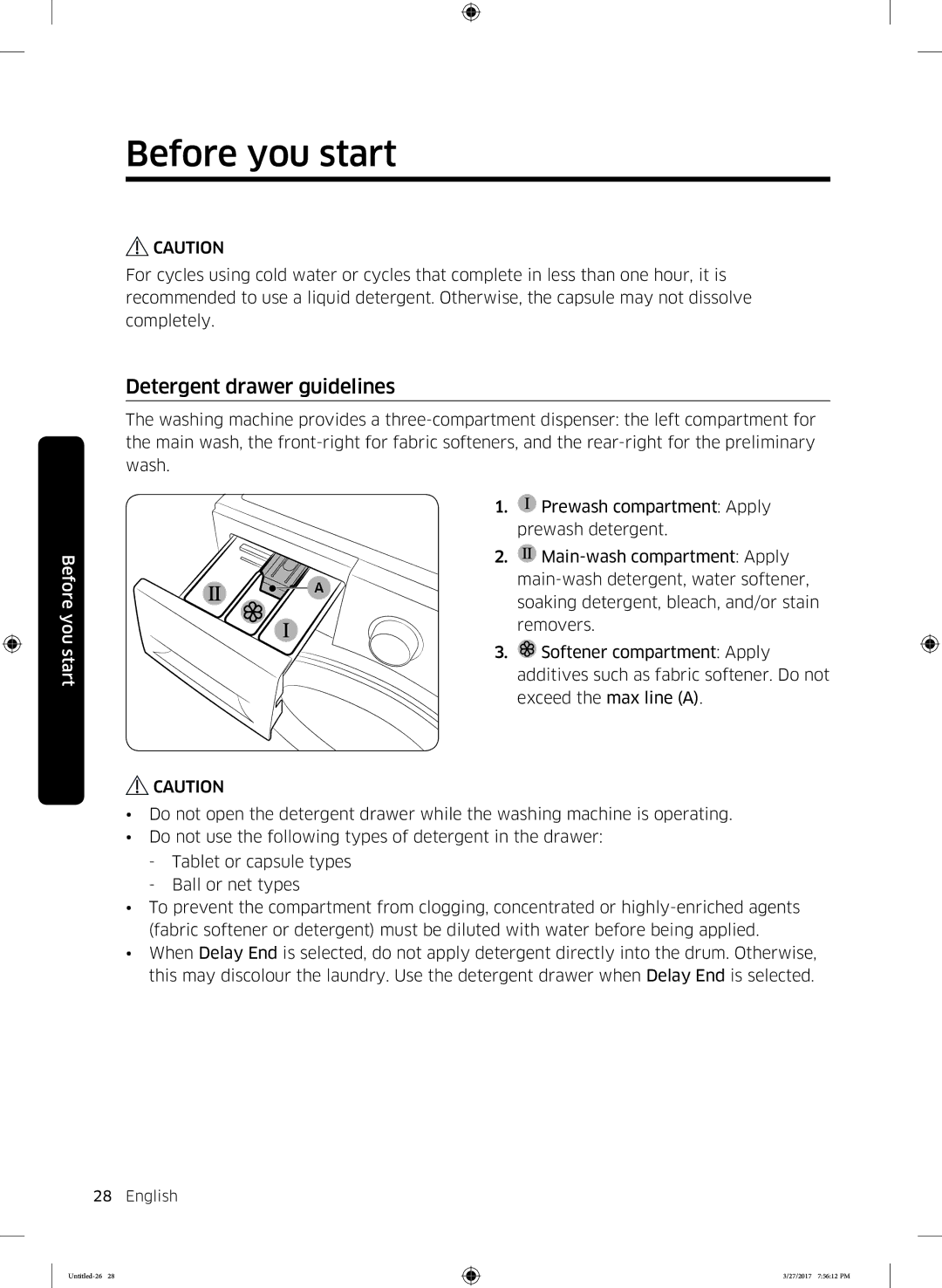 Samsung WW80K62E07SDLP, WW80K62E07WDLP, WW80K62E01WDLP manual Detergent drawer guidelines 