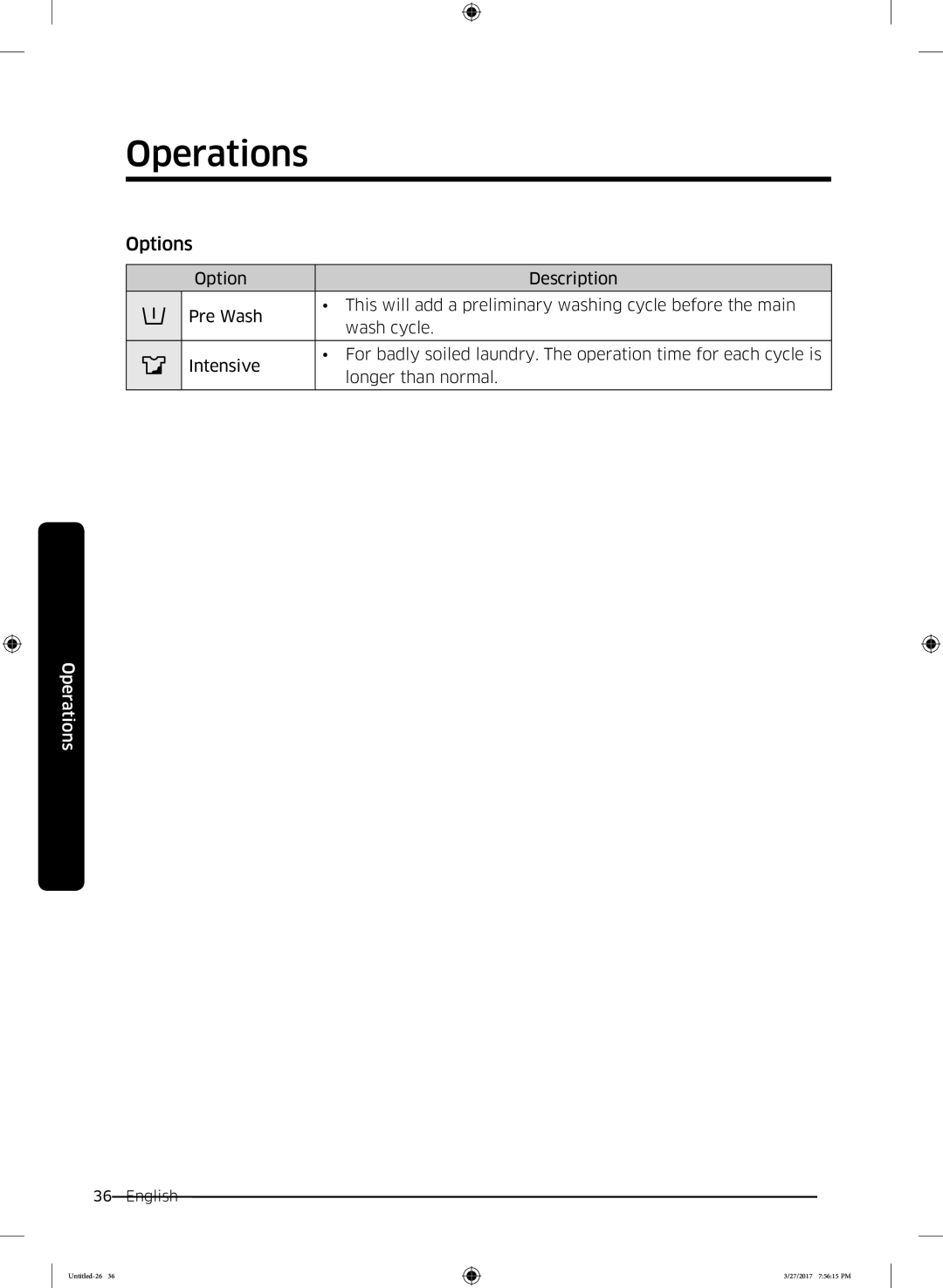 Samsung WW80K62E07WDLP, WW80K62E07SDLP, WW80K62E01WDLP manual Options 