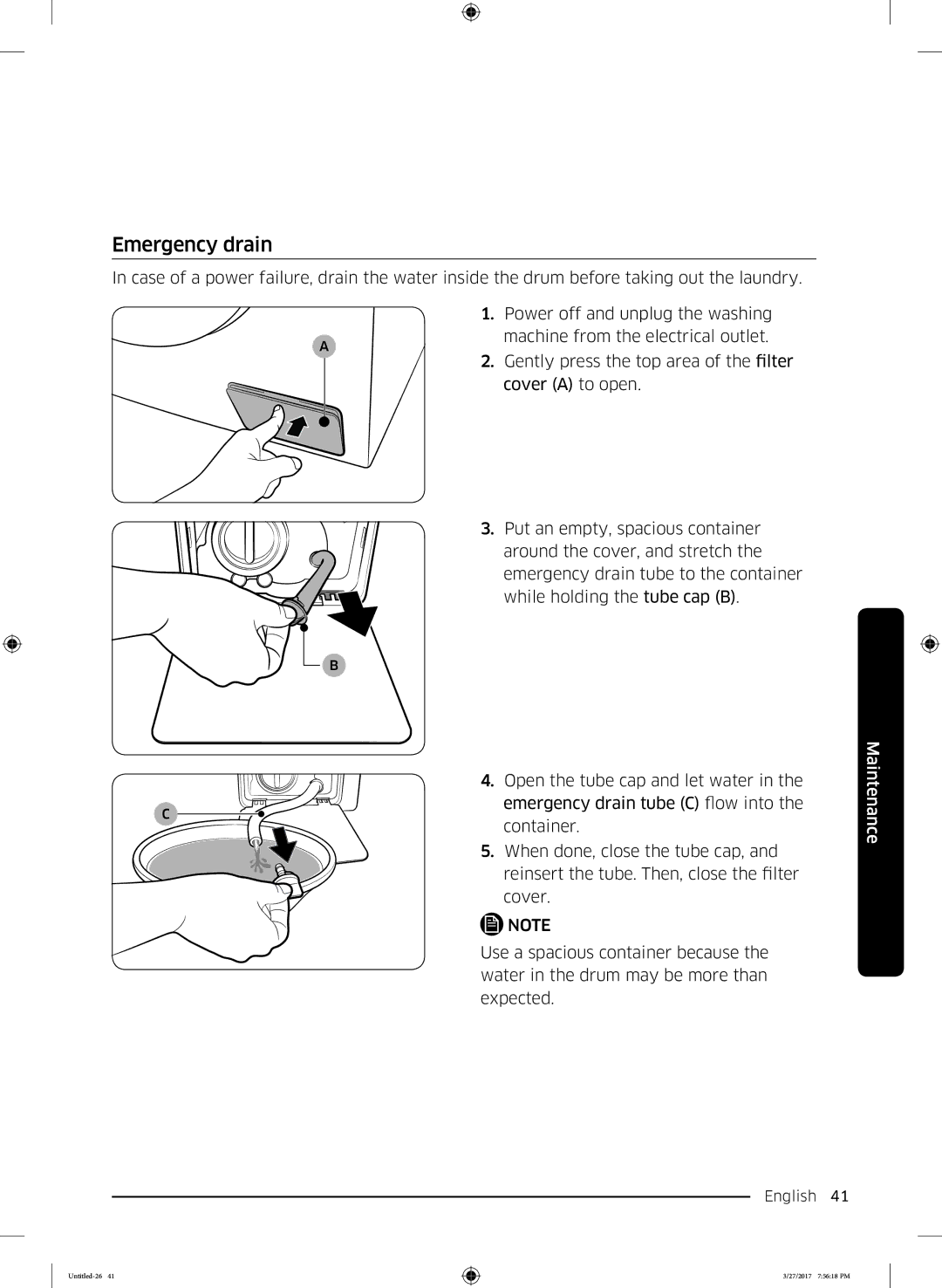 Samsung WW80K62E01WDLP, WW80K62E07WDLP, WW80K62E07SDLP manual Emergency drain 