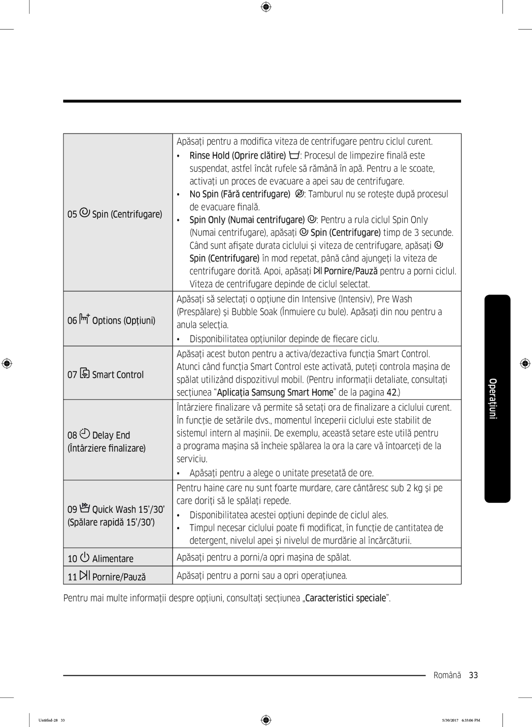 Samsung WW80K6414QW/LE manual De centrifugare pentru ciclul curent, Viteza de centrifugare, apăsaţi, Options Opţiuni 