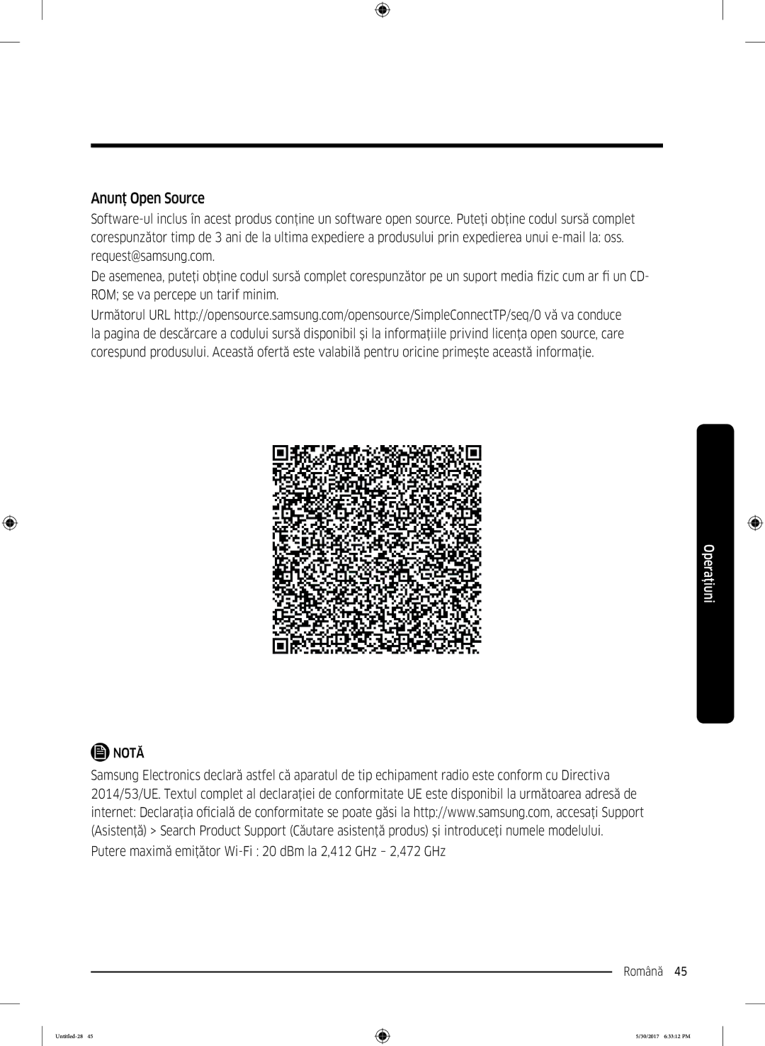 Samsung WW80K6414QW/LE manual Anunţ Open Source 