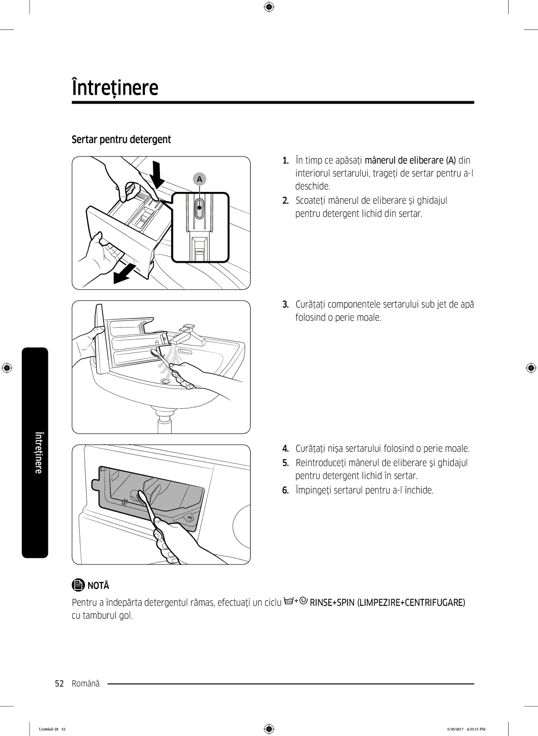 Samsung WW80K6414QW/LE manual Sertar pentru detergent 