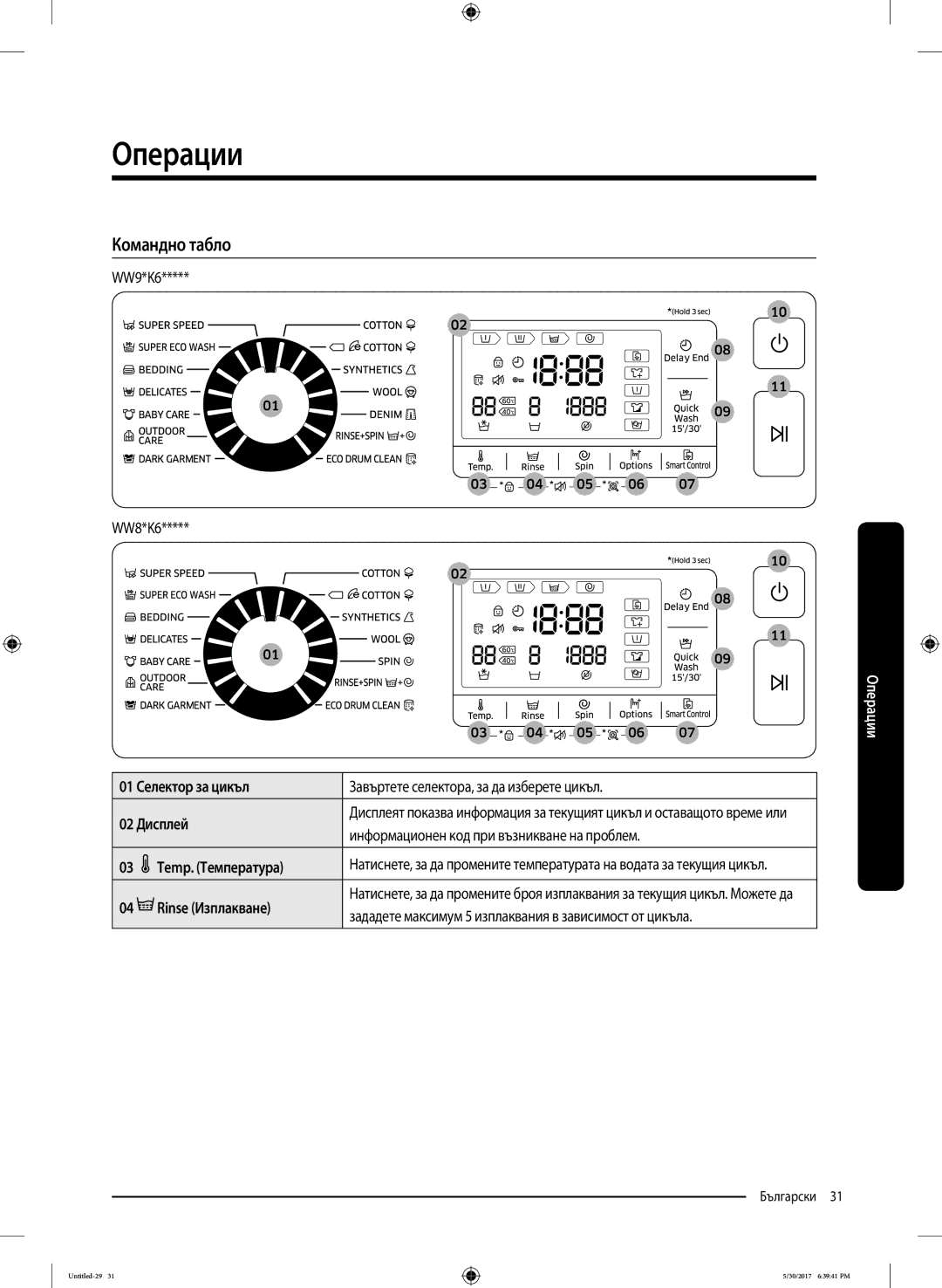 Samsung WW80K6414QW/LE manual Командно табло 