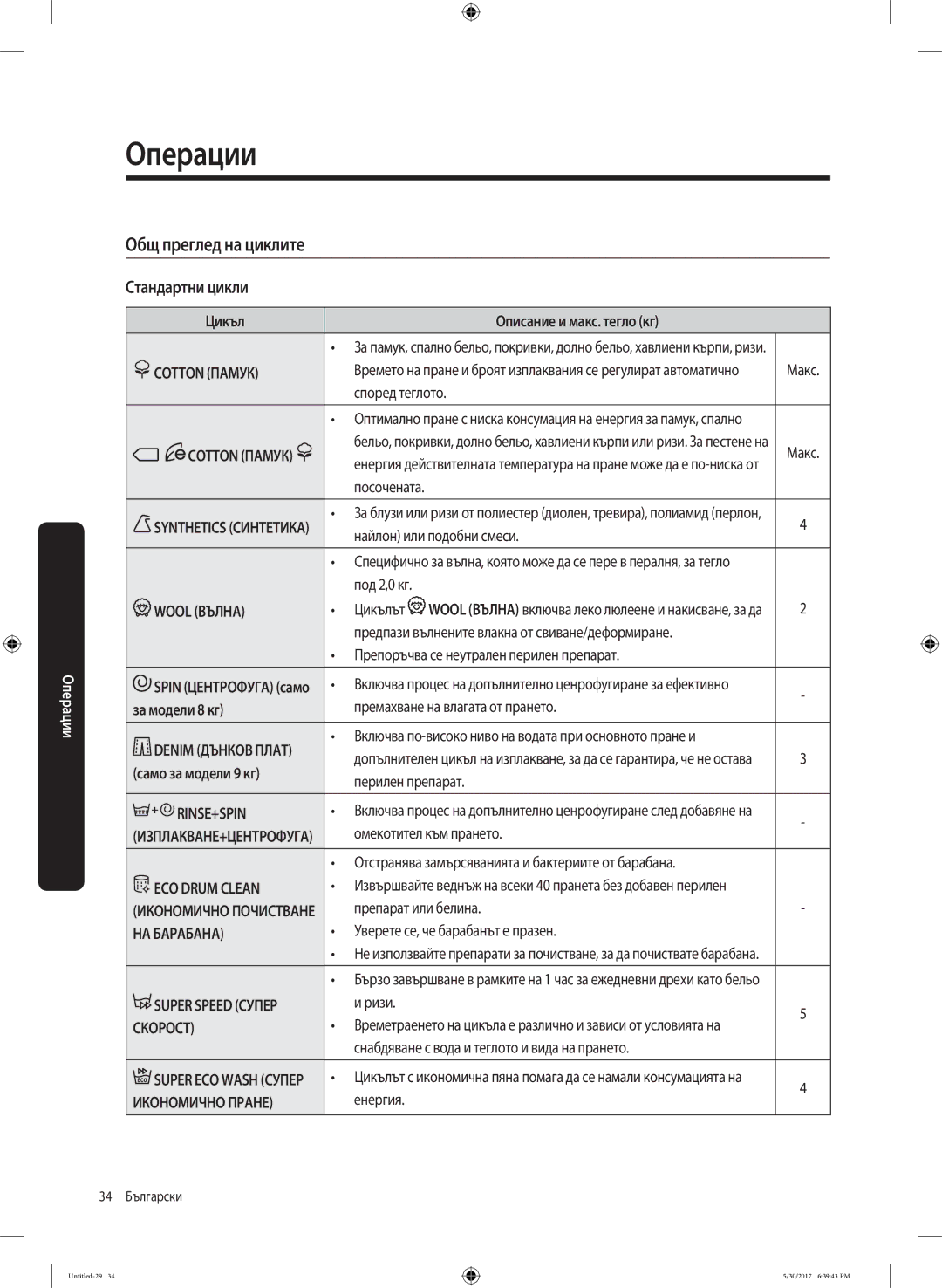 Samsung WW80K6414QW/LE manual Общ преглед на циклите, Стандартни цикли, Цикъл, За модели 8 кг, Само за модели 9 кг 