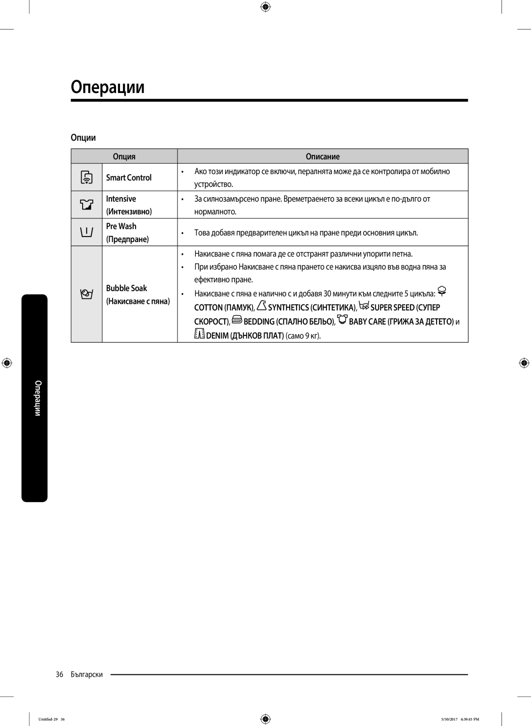 Samsung WW80K6414QW/LE manual Опции 