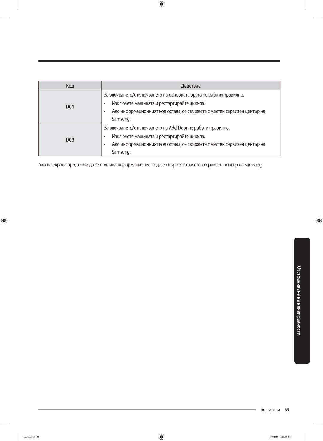 Samsung WW80K6414QW/LE manual Заключването/отключването на Add Door не работи правилно 