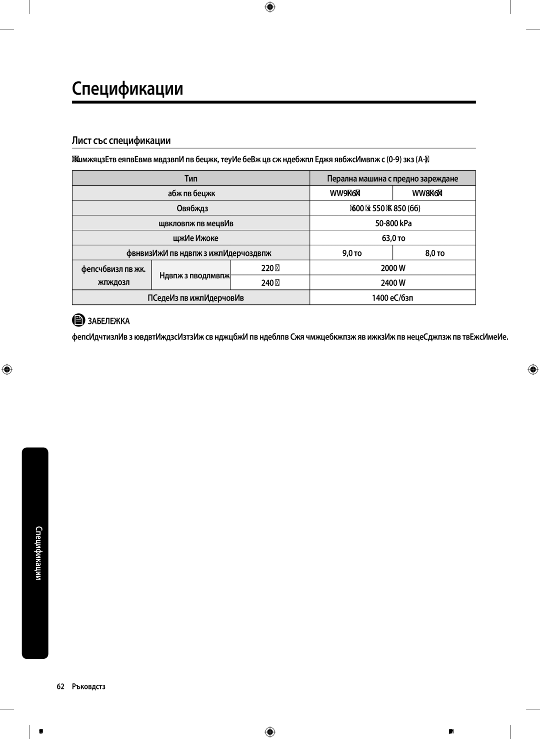 Samsung WW80K6414QW/LE manual Лист със спецификации, Тип, 220, 240 