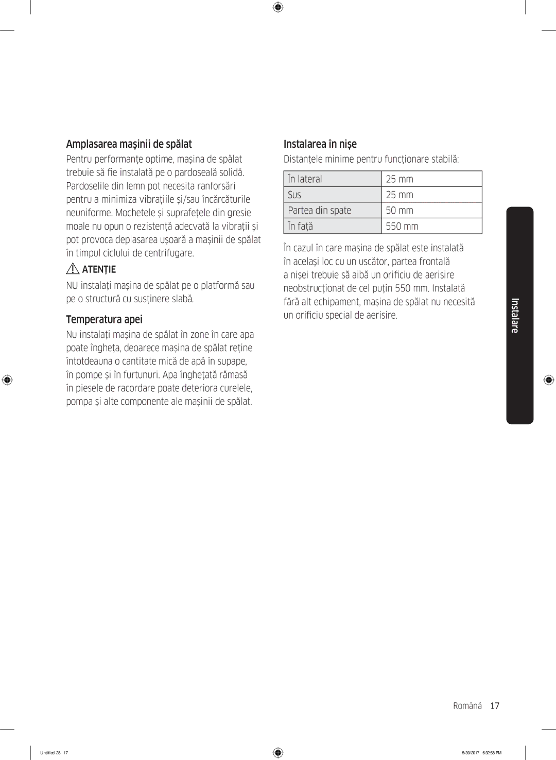 Samsung WW80K6414QW/LE manual Amplasarea maşinii de spălat, Temperatura apei, Instalarea în nişe 