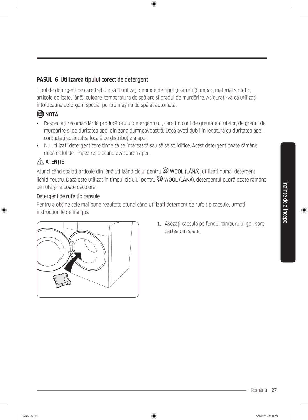 Samsung WW80K6414QW/LE manual Pasul 6 Utilizarea tipului corect de detergent 