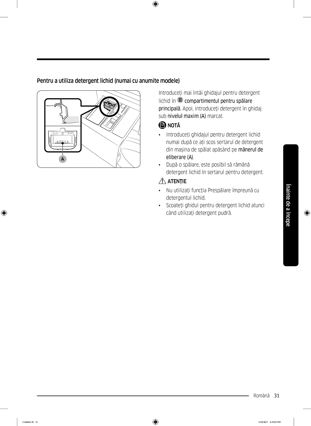 Samsung WW80K6414QW/LE manual Pentru a utiliza detergent lichid numai cu anumite modele 