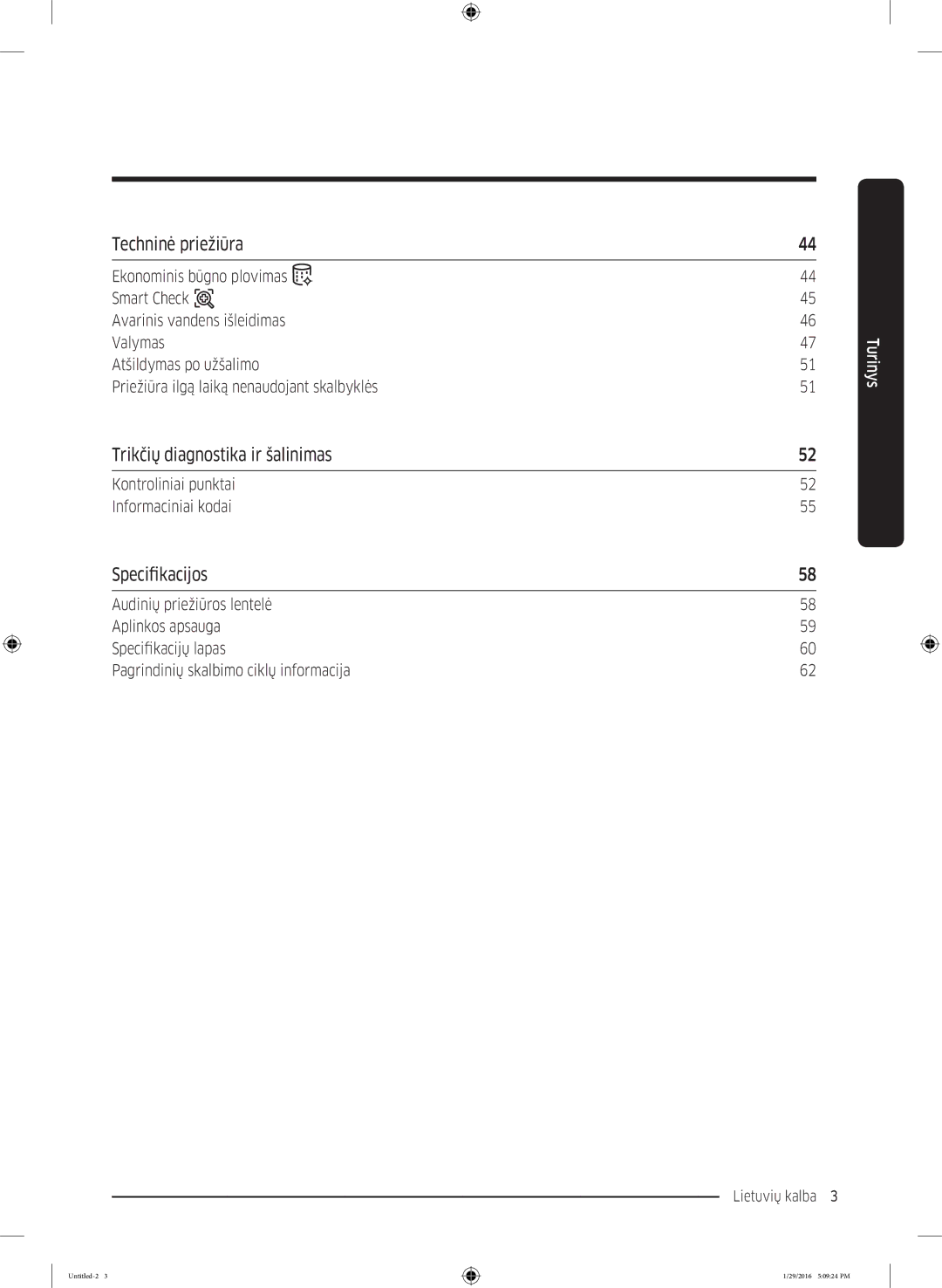 Samsung WW80K6414QW/LE manual Techninė priežiūra, Trikčių diagnostika ir šalinimas, Specifikacijos 