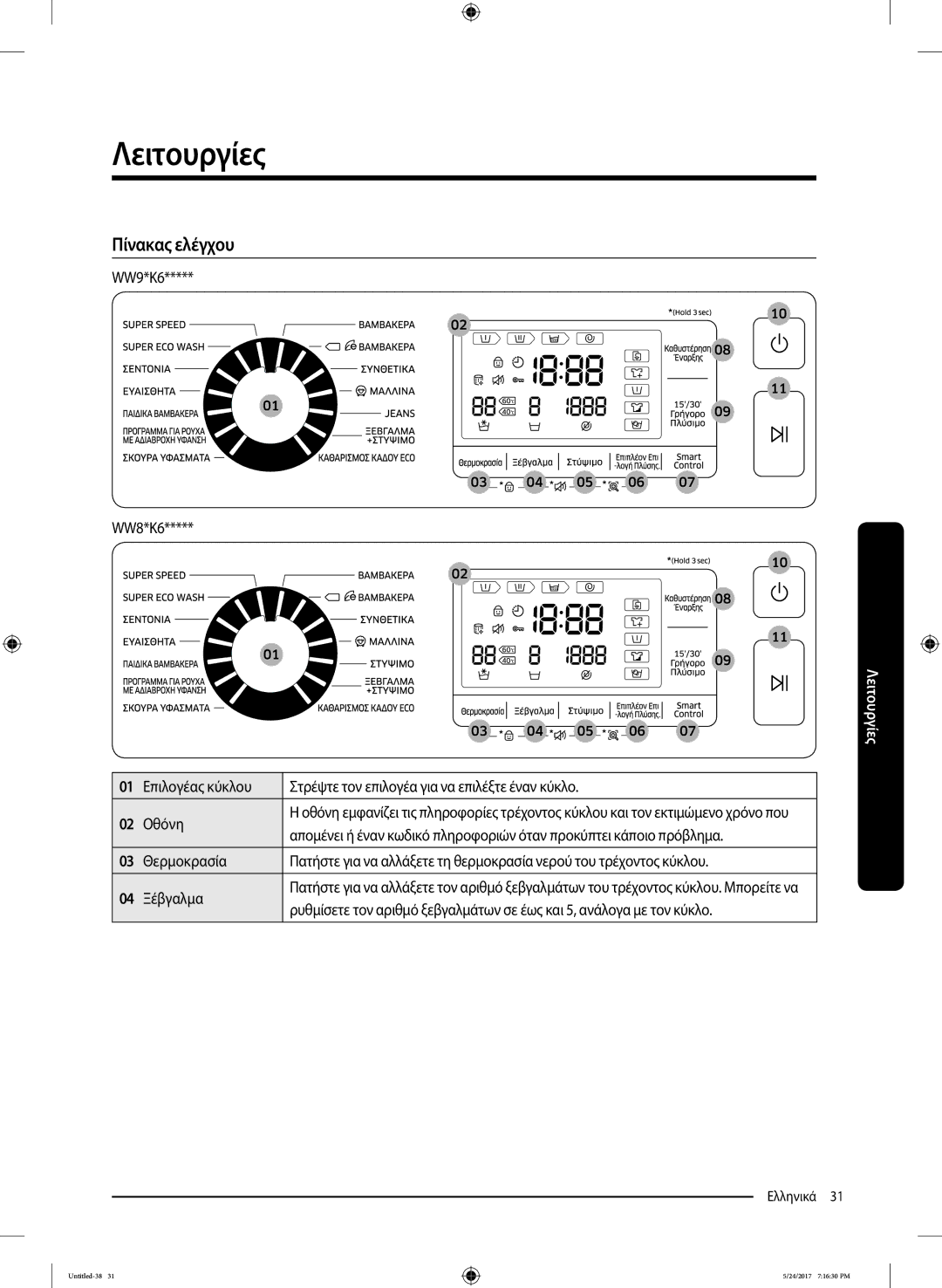 Samsung WW90K6414QW/LV, WW80K6414QW/LV manual Λειτουργίες, Πίνακας ελέγχου, WW9*K6 WW8*K6, Οθόνη 