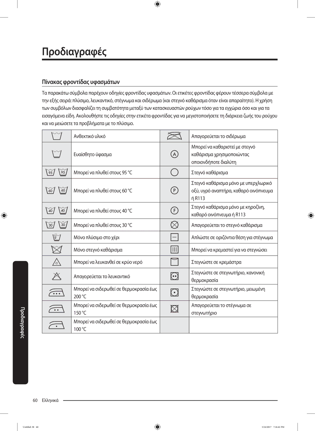 Samsung WW80K6414QW/LV, WW90K6414QW/LV manual Προδιαγραφές, Πίνακας φροντίδας υφασμάτων 