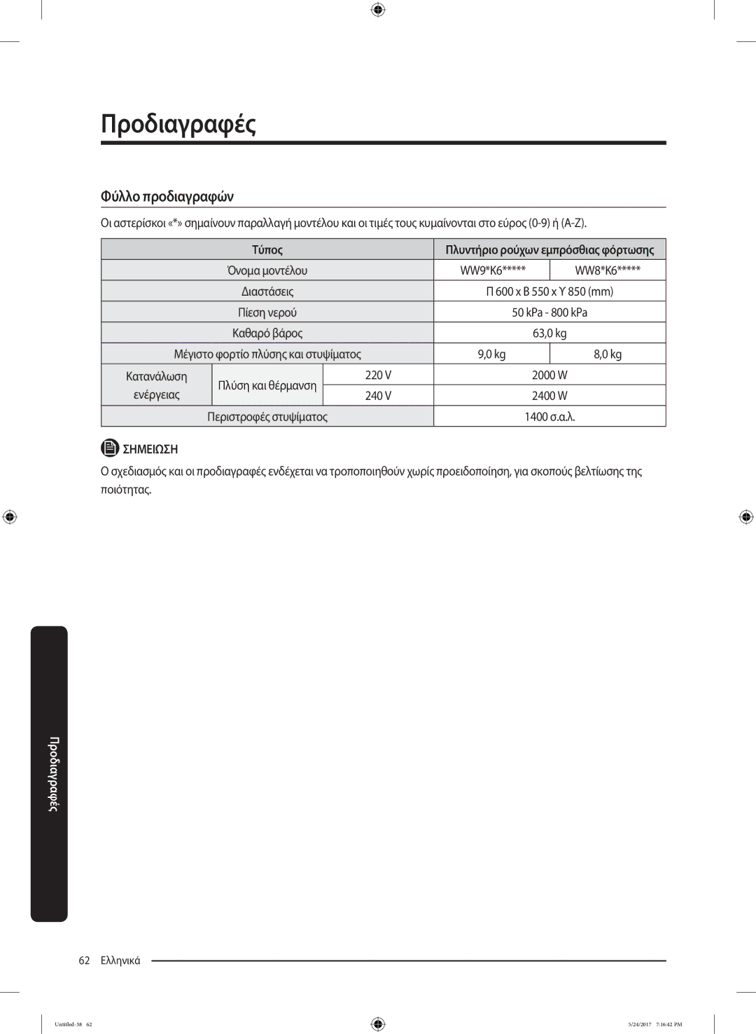 Samsung WW80K6414QW/LV, WW90K6414QW/LV manual Φύλλο προδιαγραφών, Τύπος, 220, Ενέργειας 240 