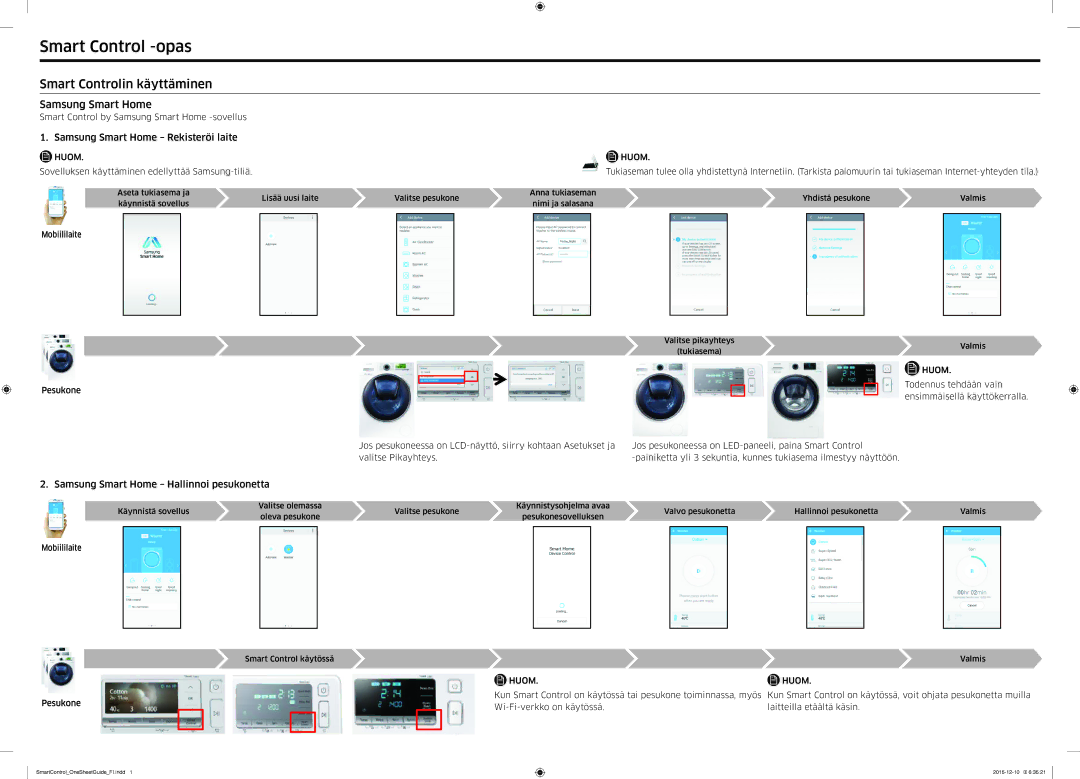 Samsung WW80K6604QW/EE manual Smart Control -opas, Smart Controlin käyttäminen, Samsung Smart Home Rekisteröi laite, Huom 